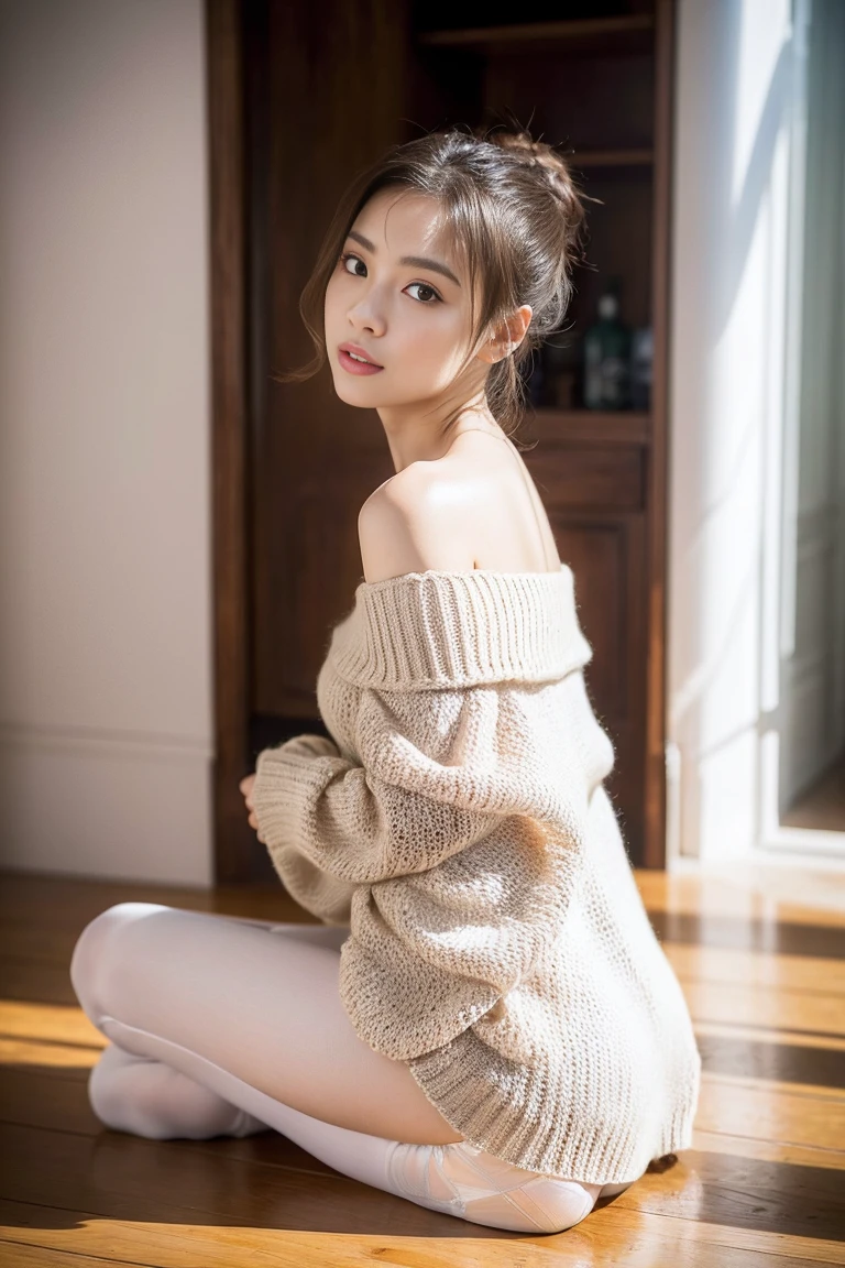 Dark brown hair、Light brown eyes、Japanese actress face、 Lady、I'Iは彼とIが好きです'I'Iは40歳くらいです.、(Intricate details:1.2)、(Which is the top?????:1.4)、 (Ultra-high resolution:1.2)、Ultra-high resolution、(Finely tuned)、(Detailed facial features)、Hmph、8k resolution、D cup size breasts、Long Hair、Large windows、Extravagant space、relax、、,Full body photo、Head to toe shot、Beautiful feet、loose camisole dress、Beautiful feet、A refreshing room filled with sunlight、she, Fashion Hub, Very detailed, Very detailed, Realistic, Hourglass Shaped Body, Obscene pose,、、I cry a lot、tears、person on the left、White wall、White floor、diagonally from below、please lift your chin、Put your butt against the wall、relaxした表情、Pose of Weakness、(auraroid photo:1.2)、From outside the window、A masterpiece of transparent painting、8k、32k、highest quality、(Details of both eyes)、1 girl、elegant、(Ballet Core Fashion、Loose off-the-shoulder knit :1.4)、sunset、sit、(Low Angle、I look up and see this:1.2)、Hilarious、Leaning against a wall、Looking at the camera、summer、Translucent white skin、ponytail、Ballet poses、
