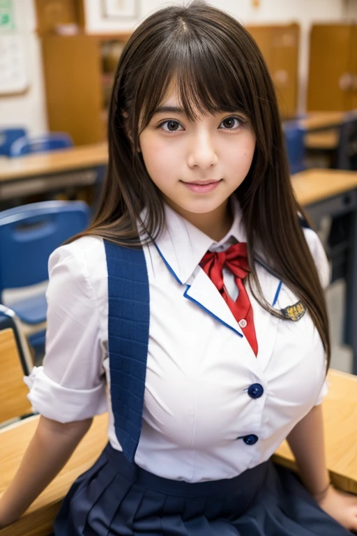 Wearing a miniskirt, Wearing a long-sleeved , Standing in knee-high socks. Black Bob Hair, Wearing glasses, Very large breasts, O cup or larger, Smiling Face, School classroom, , Sophisticated atmosphere. The images are of the highest quality, Highly detailed realism and vibrant colors. Lighting is perfectly balanced, Creates a professional and sophisticated look.