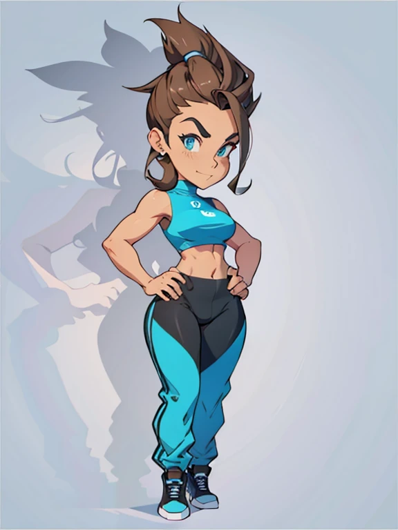 digital drawing, 4k, Fitness Model, cartoon woman in blue blouse and black pants with a big belly, shaded cel:15, shaded cel!!!, cartoon style, cartoon style, upper body avatar, digital art cartoon, caricature, cartoon art style, show rendering, caricature, full body portrait of a short!, full body portrait, cel shaded vector art, cel shaded