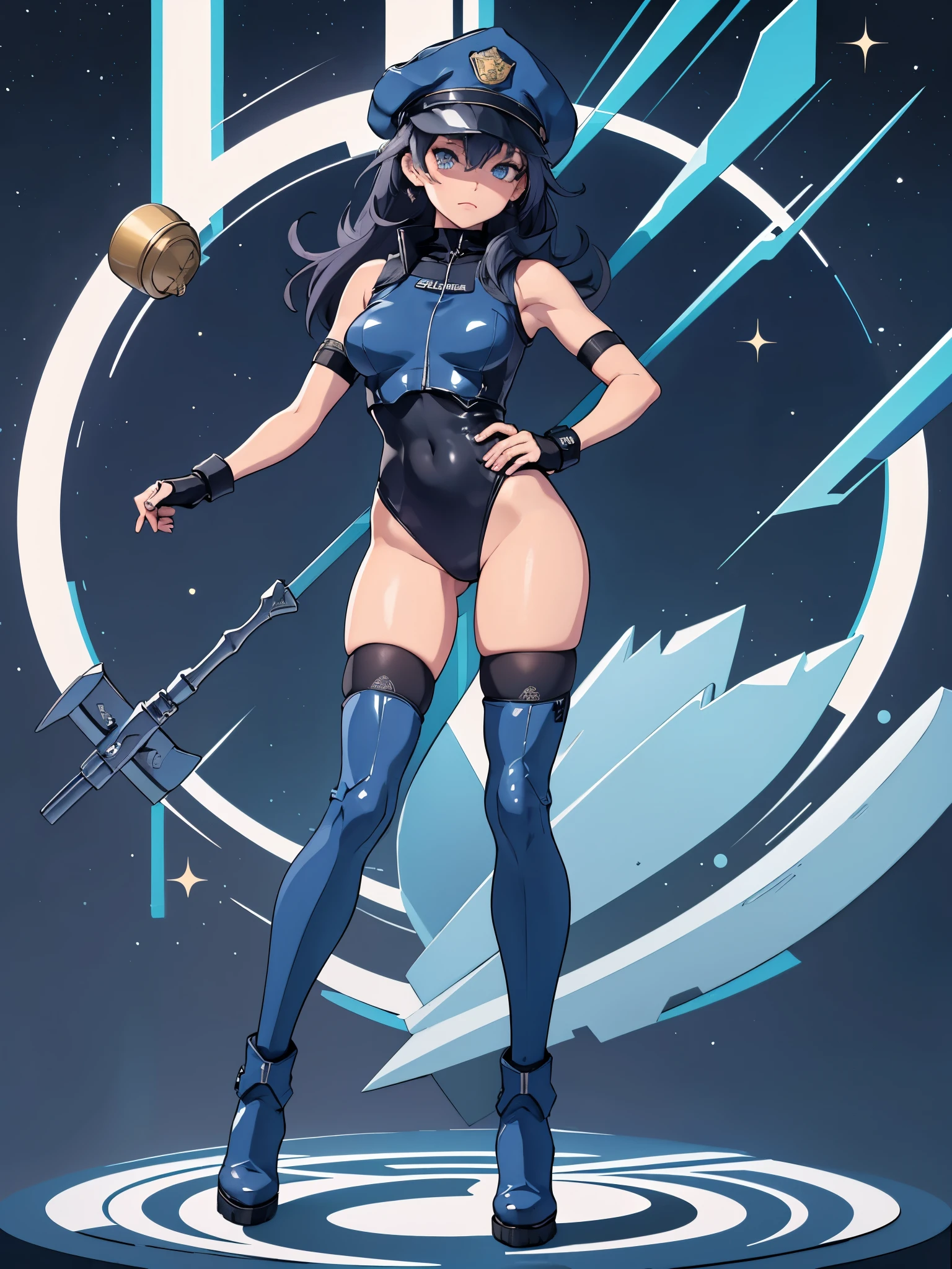 masterpiece, best quality, 1girl, tall body, beautiful detailed eyes, beautiful detailed face, cute face, perfect hands, complete fingers, perfect anatomy, perfect proportions, ((hat, dark blue police hat)), ((leotard, matching leotard, bare legs)), ((boots, matching boots)), breasts, medium breasts, covered navel, fingerless gloves, (full body portrait), looking at viewer, solo, solo focus, standing, ValkyriePoliceStudent, cowboy shot, space station backdrop, (tight belt), (armbands, white sleeves), full body costume design