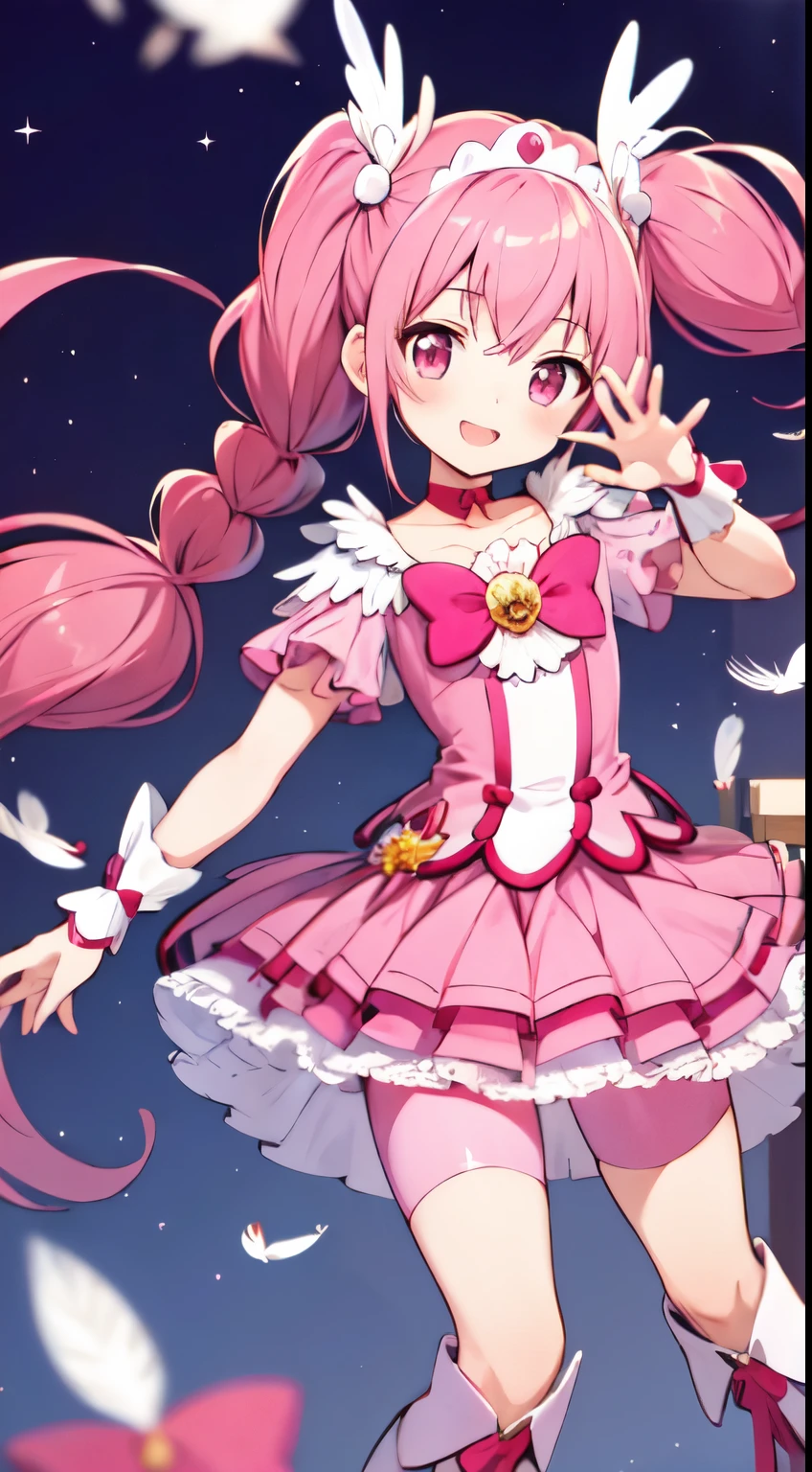 Tabletop, highest quality, Viewers facing forward, depth_In_Field, smile, 魔法少女
One Girl, Cure happiness, Low twin tails, Feather hair ornament, skirt, Tierra, Wrist cuff, Pink shorts, skirtの下にショートパンツ,One Girl,