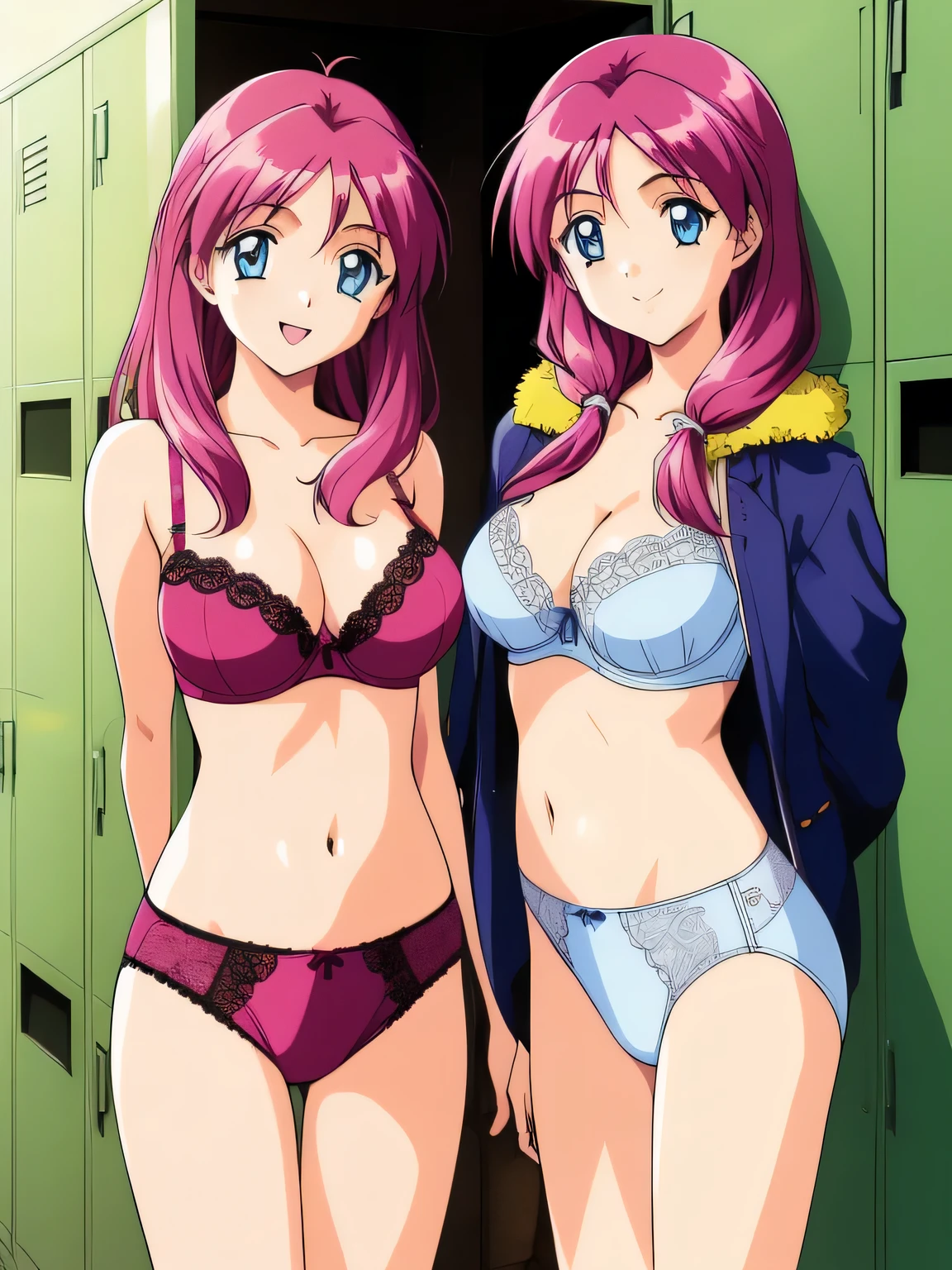 shirayuki, Two Girls, Multiple Girls, twins, smile, brother, Sisters, blue eyes,nsfw,locker room,Change clothes,underwear,bra,retro artstyle, twins, Long Hair,  1990s (style), chest, brother, View your viewers, city, Day,
masterpiece, expensive quality, very_expensive_solve, big_file size, Full Color,