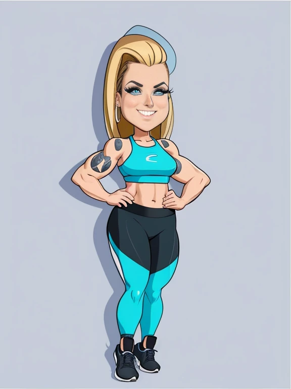 digital drawing, 4k, Fitness Model, cartoon woman in blue blouse and black pants with a big belly, shaded cel:15, shaded cel!!!, cartoon style, cartoon style, upper body avatar, digital art cartoon, caricature, cartoon art style, show rendering, caricature, full body portrait of a short!, full body portrait, cel shaded vector art, cel shaded