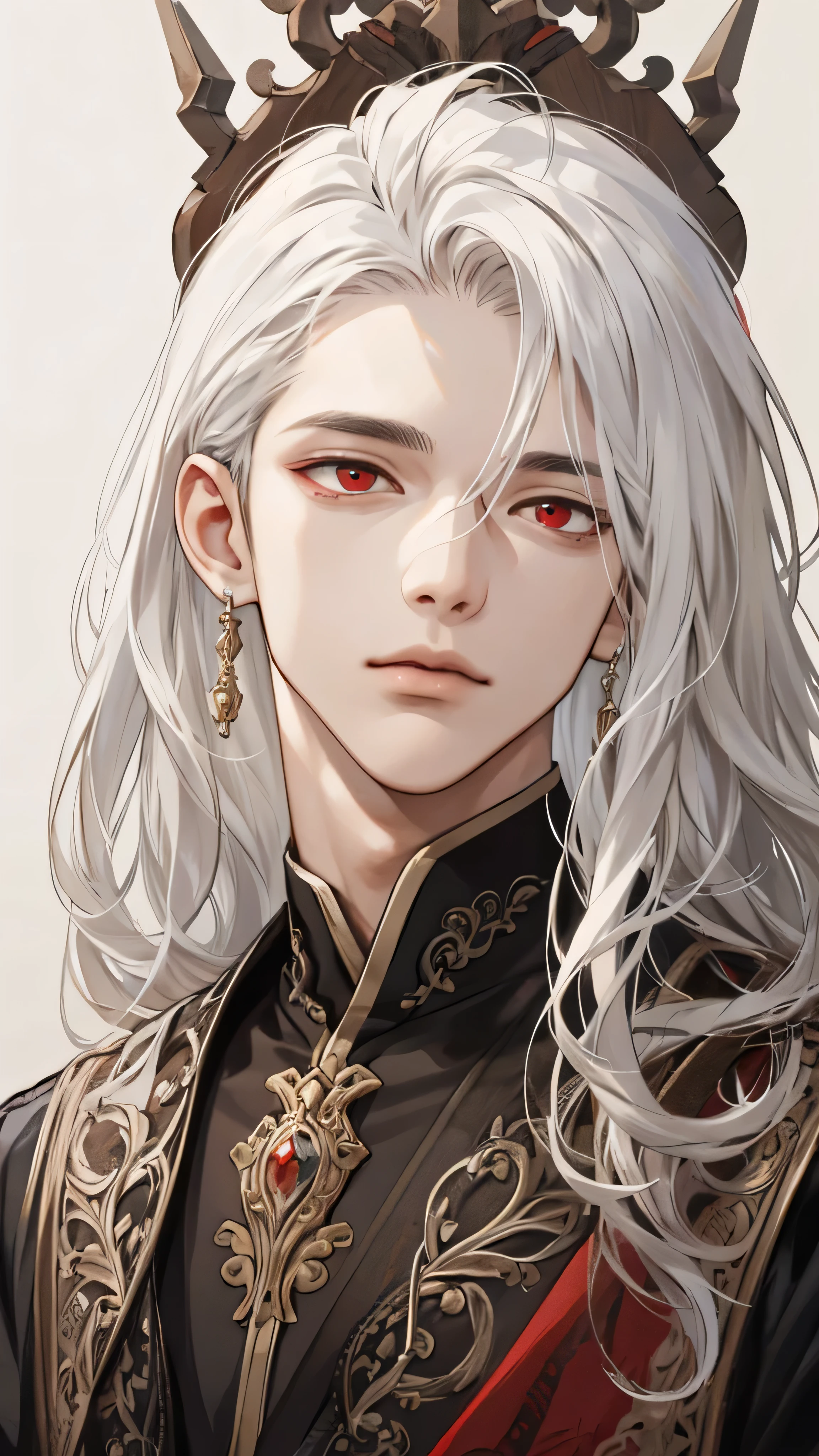 (extreamly delicate and beautiful:1.2), 8K,(masterpiece:1.0),(best_quality:1.0), 1boy, and intricate detailing, Enlarged textures, and intricate detailing, finely eye and detailed face, and intricate detailing, shiraga, long white hair, (closed mouths), Perfect eyes, Equal eyes, Red eyes (A male god)