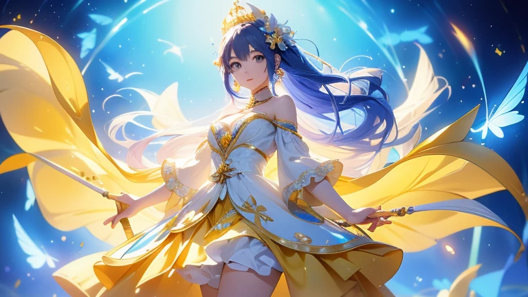Anime girl in a white, yellow and blue dress holding a cane and flowers, Cute anime waifu in a nice dress, change in dress, Magical Girl Portrait, Anime Moe Art Style, change, Full-body portrait of an elementalist, Anime Goddess, Run, Splash art anime , Alchemist Girl, Anime Princess, magical girl style, Official Art,Cleavage,White knee-highs,Large yellow ribbons on both sides of the skirt,Long and large sleeves
