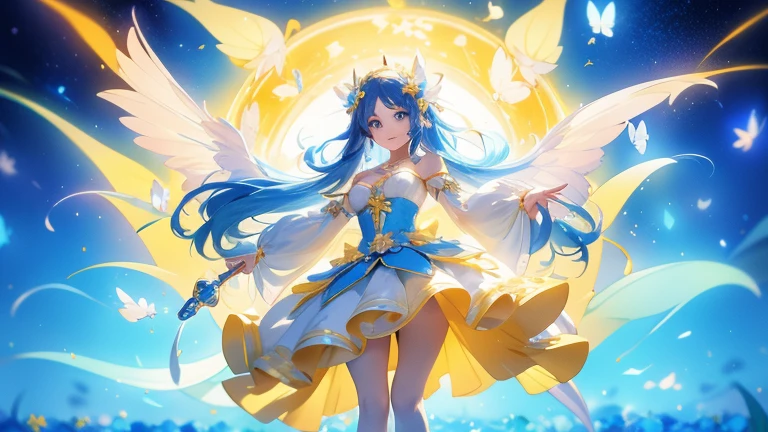 Anime girl in a white, yellow and blue dress holding a cane and flowers, Cute anime waifu in a nice dress, change in dress, Magical Girl Portrait, Anime Moe Art Style, change, Full-body portrait of an elementalist, Anime Goddess, Run, Splash art anime , Alchemist Girl, Anime Princess, magical girl style, Official Art,Cleavage,White knee-highs,Large yellow ribbons on both sides of the skirt,Long and large sleeves