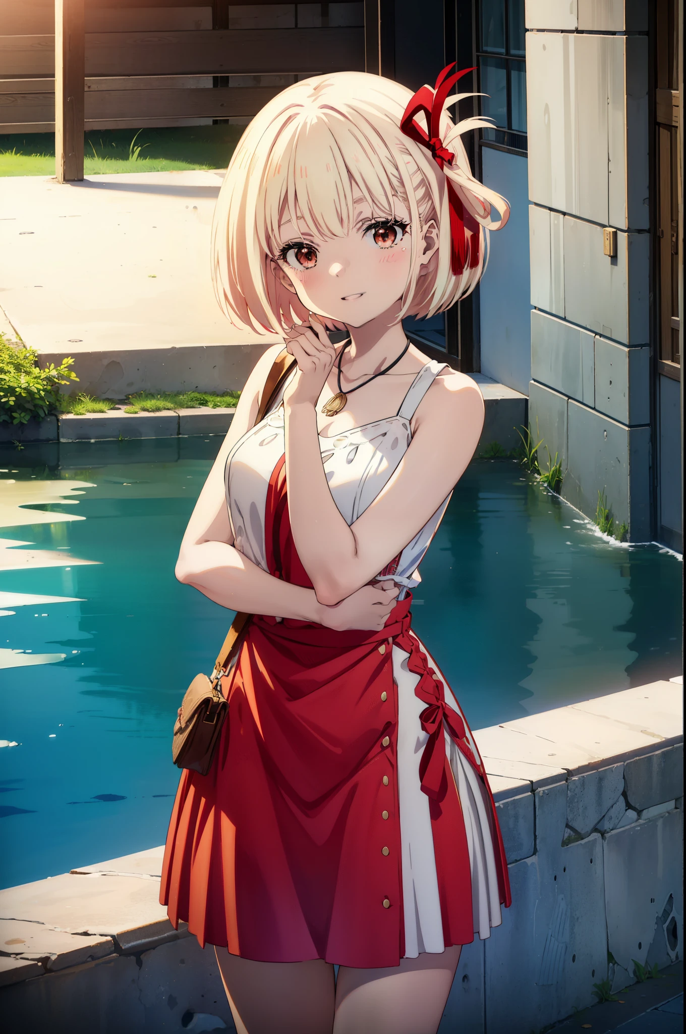 chisatonishikigi, Chisato Nishikigi, Short Hair, bangs, blonde,Bobcut, White hat(Red eyes:1.5),  Hair Ribbon,One side up,happy smile, smile, Open your mouth,smile,blush,Red sleeveless dress,White long skirt,Bare arms,Rocket Pendant,Cute Sandals,real summer,sunny,It&#39;s as if your whole body is in the illustration., break outdoors, Coastal Road, break looking at viewer, (Cowboy Shot:1.5), break (masterpiece:1.2), highest quality, High resolution, unity 8k wallpaper, (shape:0.8), (Beautiful details:1.6), Highly detailed face, Perfect lighting, Highly detailed CG, (Perfect hands, Perfect Anatomy),