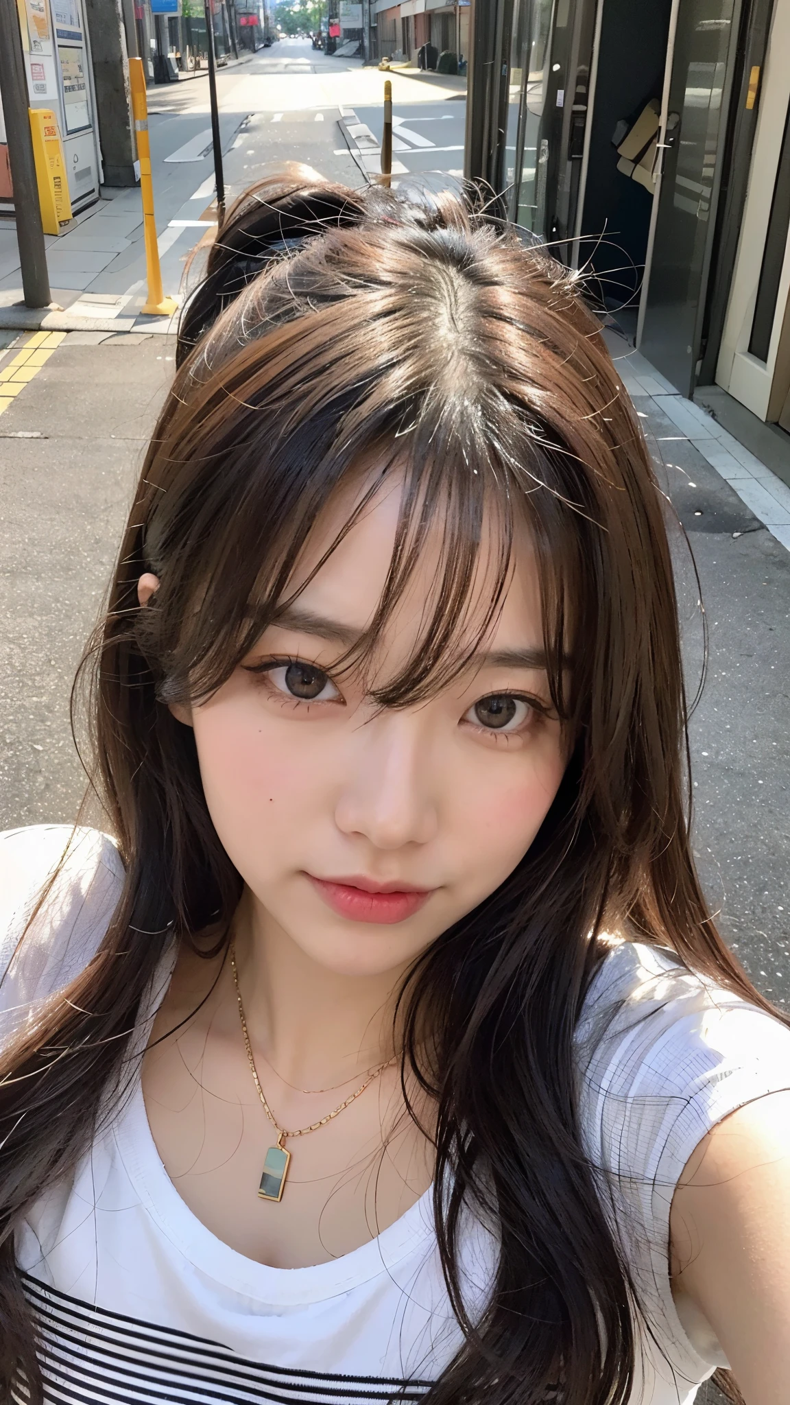 (highest quality、8k、32k、masterpiece、Hmph:1.2)、Cute Japanese Women Photos、Ample breasts、Shortcuts、Face Focus、White T-shirt、necklace、From above、Looking at the audience、Laughter、Dimples、Dynamic Shadows、Wet shiny hair、Sparkling, moist eyes、In the streets of Akihabara
