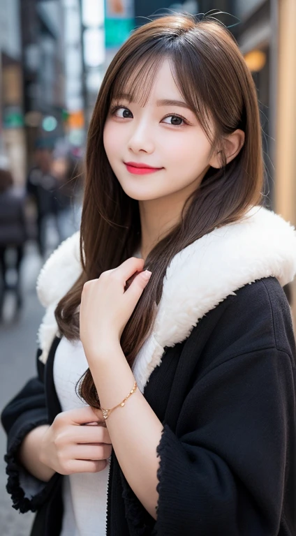 table top, highest quality, shape, Super detailed, finely, High resolution, 8k wallpaper, 完璧なダイナミックな構shape, beautiful and detailed eyes, Gorgeous black fluffy Tokyo winter clothes,ランダムなcute髪,,natural color lip, bold sexy pose,smile、20 year old girl、cute、sexy shot looking at camera,Always blur the background,perfect and beautiful face,Take only the face,beautiful and detailed face、slim face and style,Big eyes、do gal makeup,small face,Wearing a luxury brand mink coat