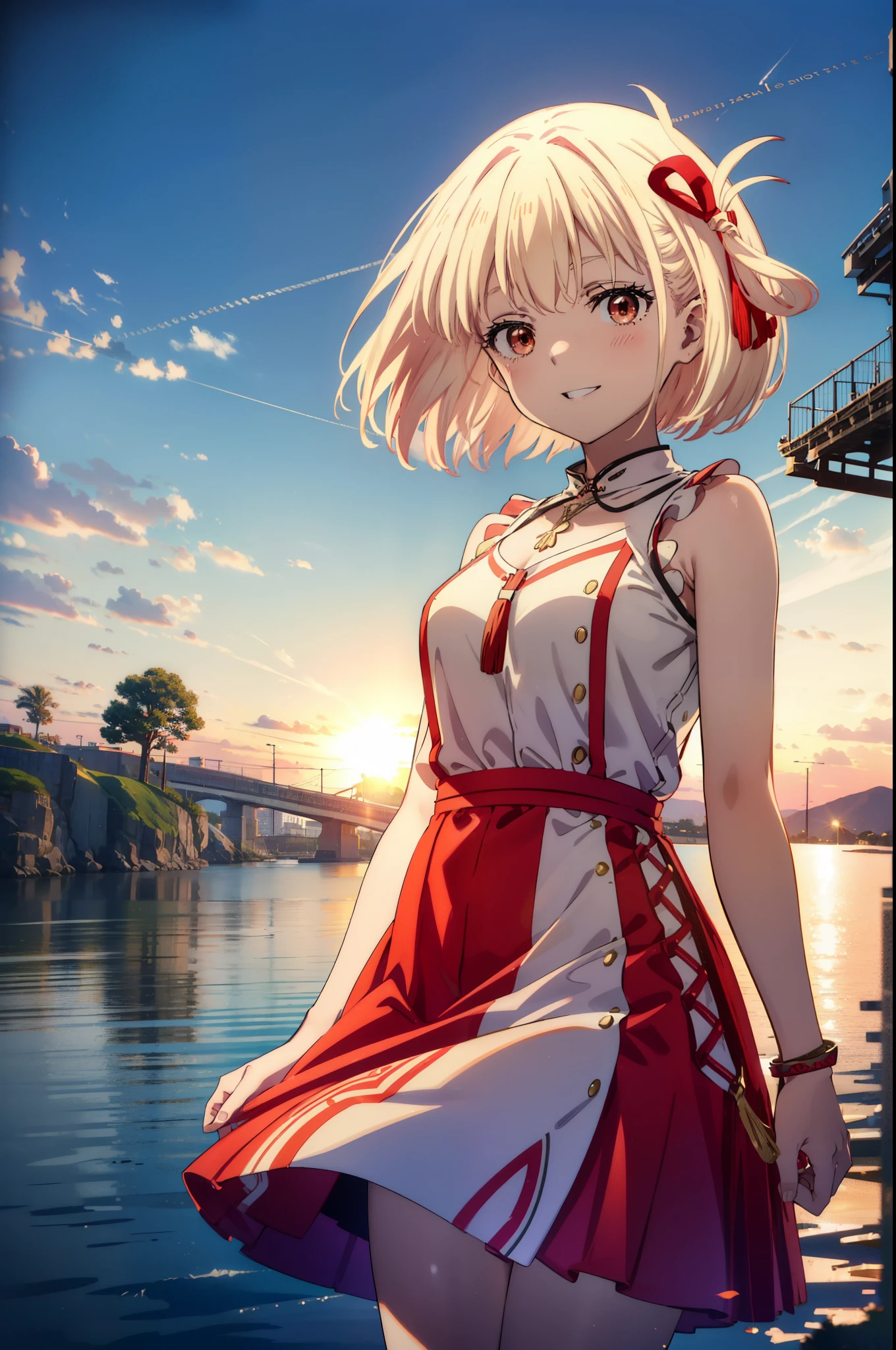 chisatonishikigi, Chisato Nishikigi, short hair, bangs, blonde, (Red eyes:1.5), Hair Ribbon, One side up, Bobcut,happy smile, smile, Open your mouth,smile,blush,Red long skirt dress,Sleeveless,Bare arms,Rocket Pendant,Cute Sandals,White Hat,real summer,sunny,As if your whole body is in the illustration, break outdoors, Coastal Road, break looking at viewer, (Cowboy Shot:1.5), break (masterpiece:1.2), highest quality, High resolution, unity 8k wallpaper, (shape:0.8), (Beautiful details:1.6), Highly detailed face, Perfect lighting, Extremely detailed CG, (Perfect hands, Perfect ???????),