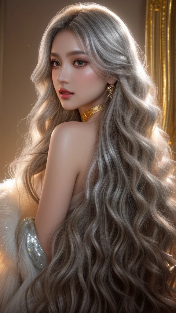 Full body portrait of a beautiful ethereal woman, her very long gold hair cascading down in soft waves, framing a face of extreme detail and elegance. Her eyes, big and colorful, boast three gradient silver shades of eyeshadow and eyeliner, accentuating her double eyelids and long lashes. Rosy cheeks adding a touch of warmth to her ethereal beauty, and her skins glossy texture shines in the cinematic light, highlighting each and every realistic pore and Wrinkle. Full lips adorned with golden glitter on her silver lipstick, complementing the gold and silver jewels she wears around her neck and wearing a scarf,she is the elemental goddess of Gold,Goddess makeup,ultra realistic 8k cg, picture-perfect face, flawless, clean, masterpiece, professional artwork, famous artwork, cinematic lighting, cinematic bloom,