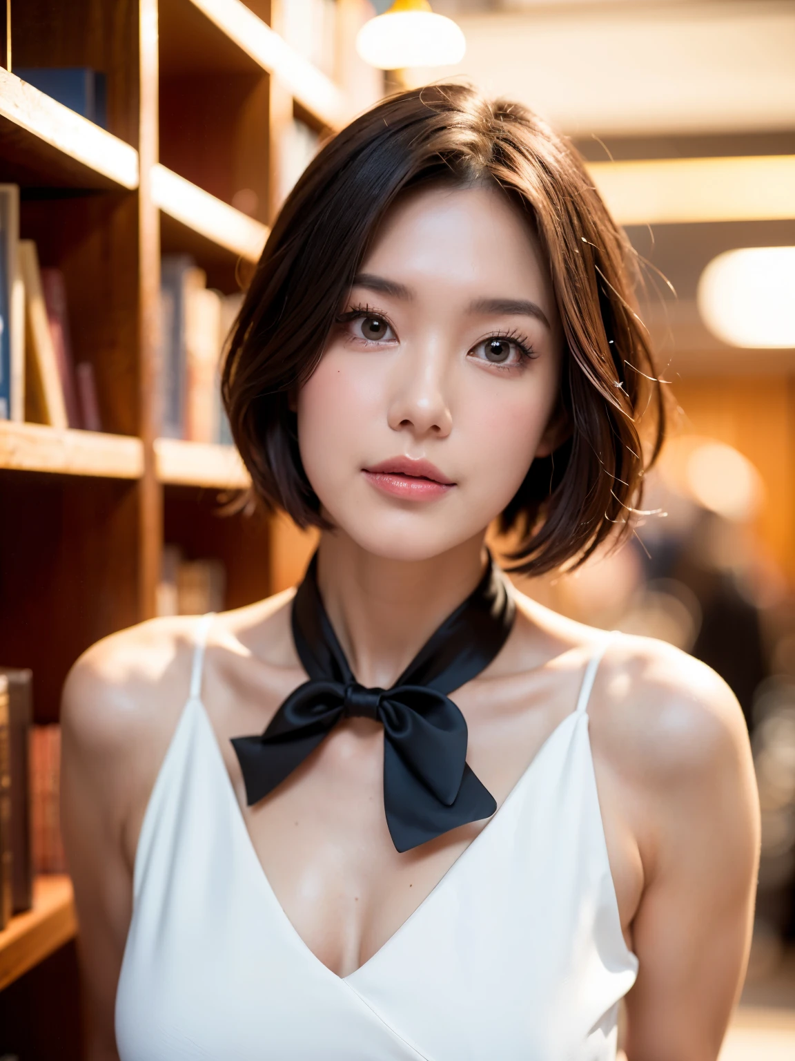 (highest quality, 8k, 32k, masterpiece, Ultra-high resolution:1.2),Beautiful Japanese Women Photos, (D cup breasts:1.4), very short bob hair,Upper Body,Face Focus,(Black bowtie formal blouse:1.4)、Black frill blouse,(Pearl Necklace:1.4), (Large bookshelf in the library in the background:1.3), from the front, View your viewers,