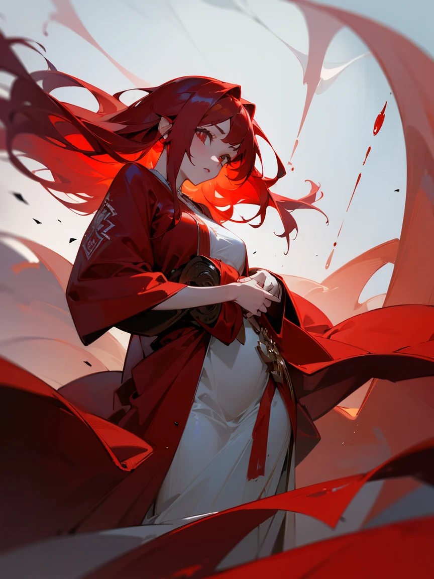 (masterpiece, best quality, highly detailed, UHD), young woman, wearing a red robe made of a red liquid like blood, red liquid hair, pale skin, floating mid air, gigantic red waterfalls drop directly from the sky, empty and ominous background, eerie scene