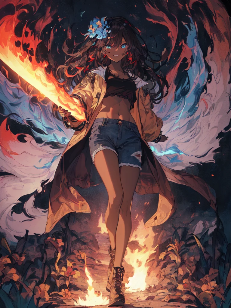 (masterpiece,best quality,ultra detailed,extremely detailed,absolutely resolution,absurdres,8k:1.5),1girl, (holding flame-sword:1.5),(grin), (short-jeans,tanktop,midriff jacket), (solo), (full body:1.5), simple and flat background, BREAK,(highly detailed face and eyes:1.5),(dark_skin:1.5),(tribal_tatoos:1.2),(wavy hairs),(long hairs),(messy hair),(asymmetry bangs),(dark brown hair, red streaked hair, blue streaked hair:1.5),(blue-eyes:1.5),(flower hair ornament:1.5),(Intricate Iris Details,Depth and Dimension in the Pupils:1.5),