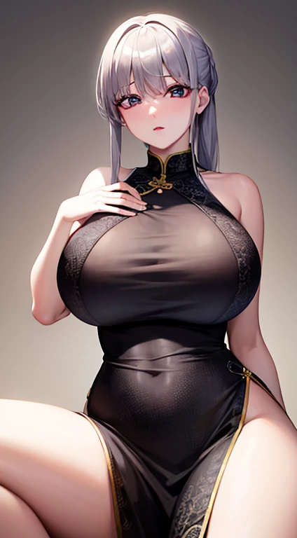 8k, highest quality, masterpiece:1.2, Super Detail, Gray Hair、 China dress、very, very big breasts、Very large breasts、Provocative clothing、No eye highlights
