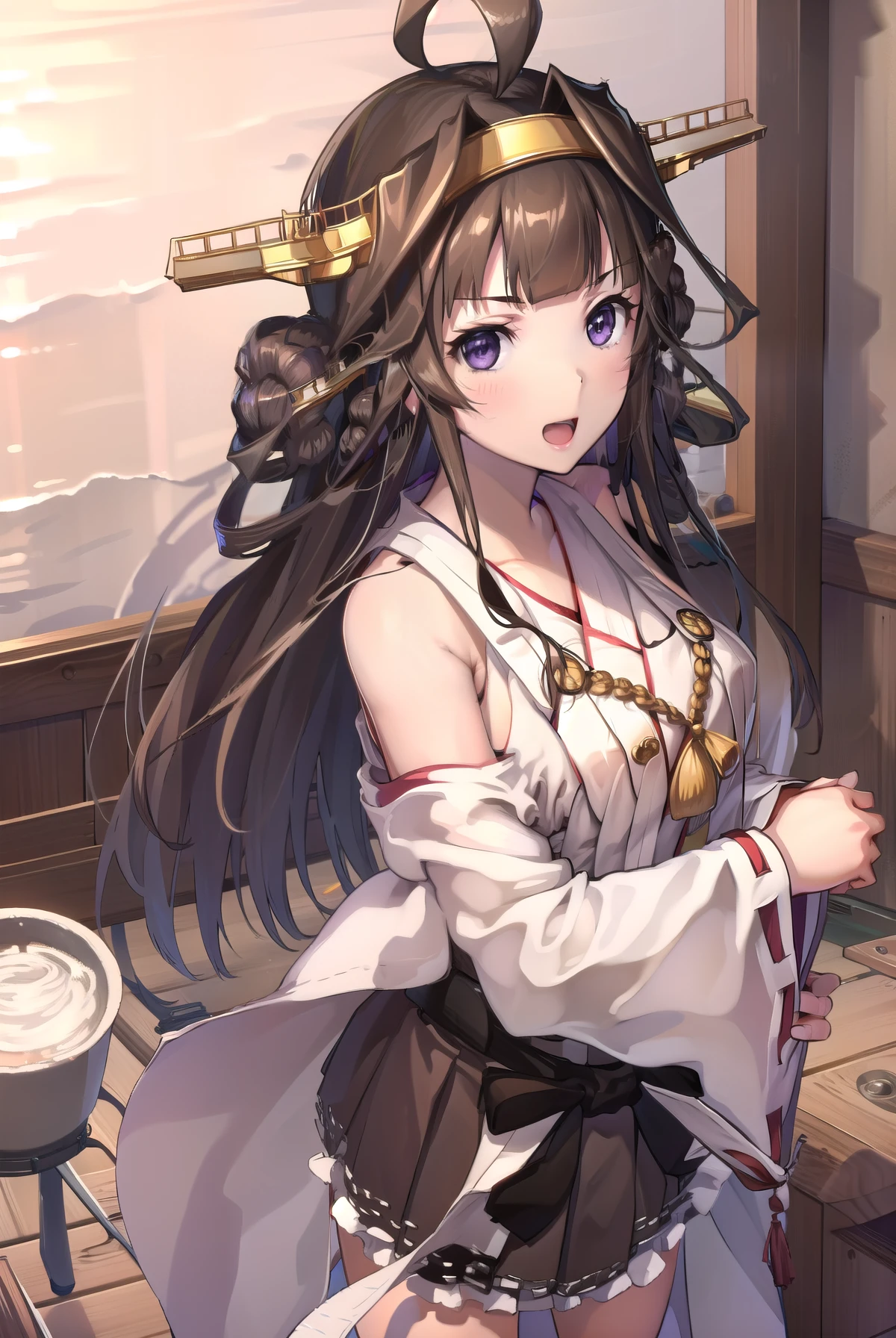 Ship Kongo, kongou, Ahoge, Brown Hair, Double good, Hair Bun, hair band, headgear, Long Hair, (Purple eyes:1.1), 
break boots, Removable sleeves, kimono, Non-traditional Shrine Maiden, Ribbon trim, Sleeves edged with ribbon, Thigh-high boots, Wide sleeves,
break looking at viewer, 笑顔
break outdoors, Beach,
break (masterpiece:1.2), highest quality, High resolution, unity 8k wallpaper, (shape:0.8), (Beautiful details:1.6), Highly detailed face, Perfect lighting, Extremely detailed CG, (Perfect hands, Perfect Anatomy),