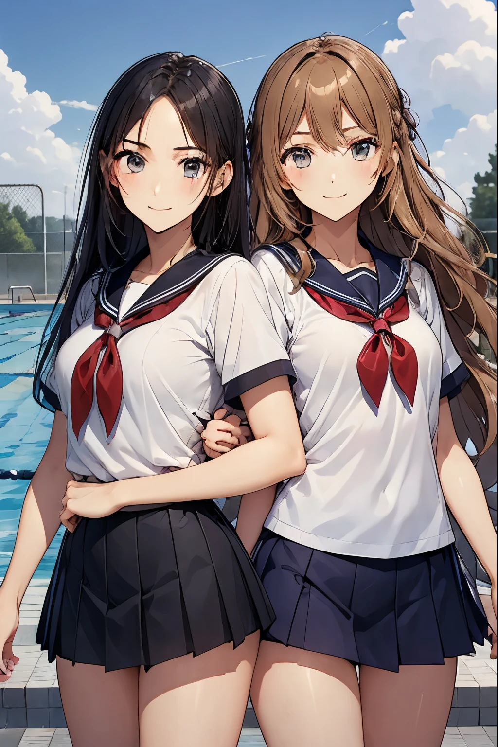 School swimming pool、two high school girls、seductive smile、School Swimsuit、