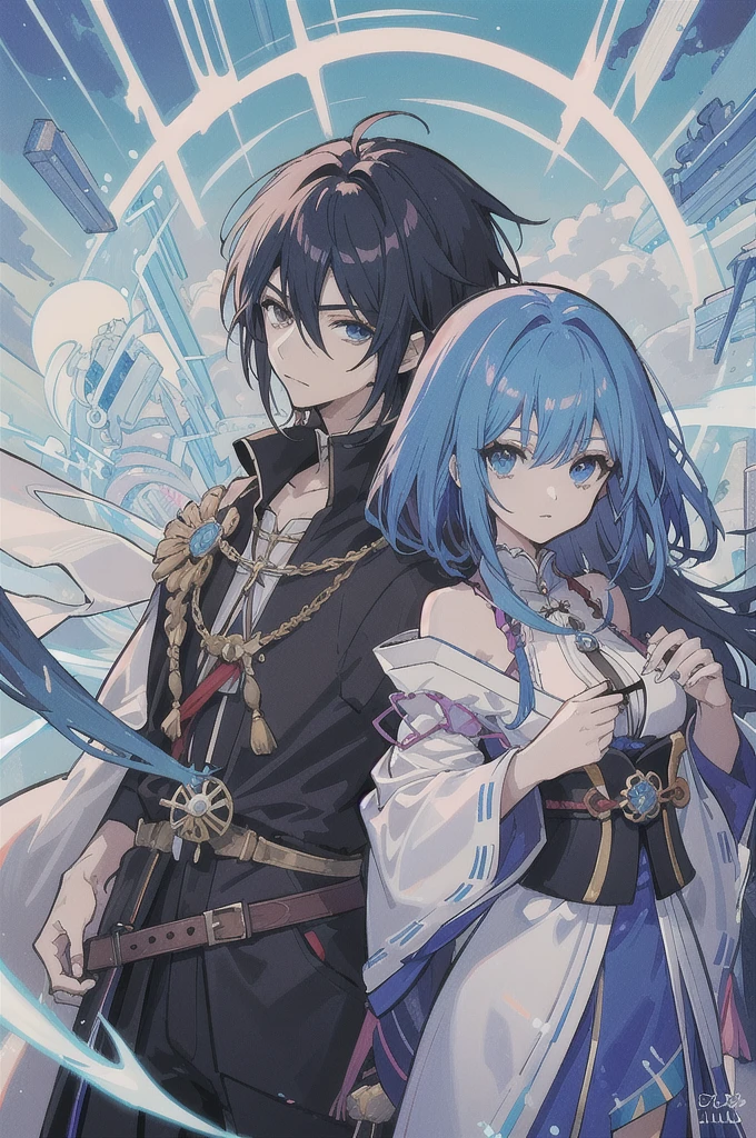 1 hombre y 1 mujer,character design, anime, cover jrpg, jrpg, diseños fancy, pelo largo azul, pelo largo blanco, magia, hombre sosteniendo espada, dos personas, mujer con magia, japanese video game cover, Japan jrpg, epic background, medieval, fancy.