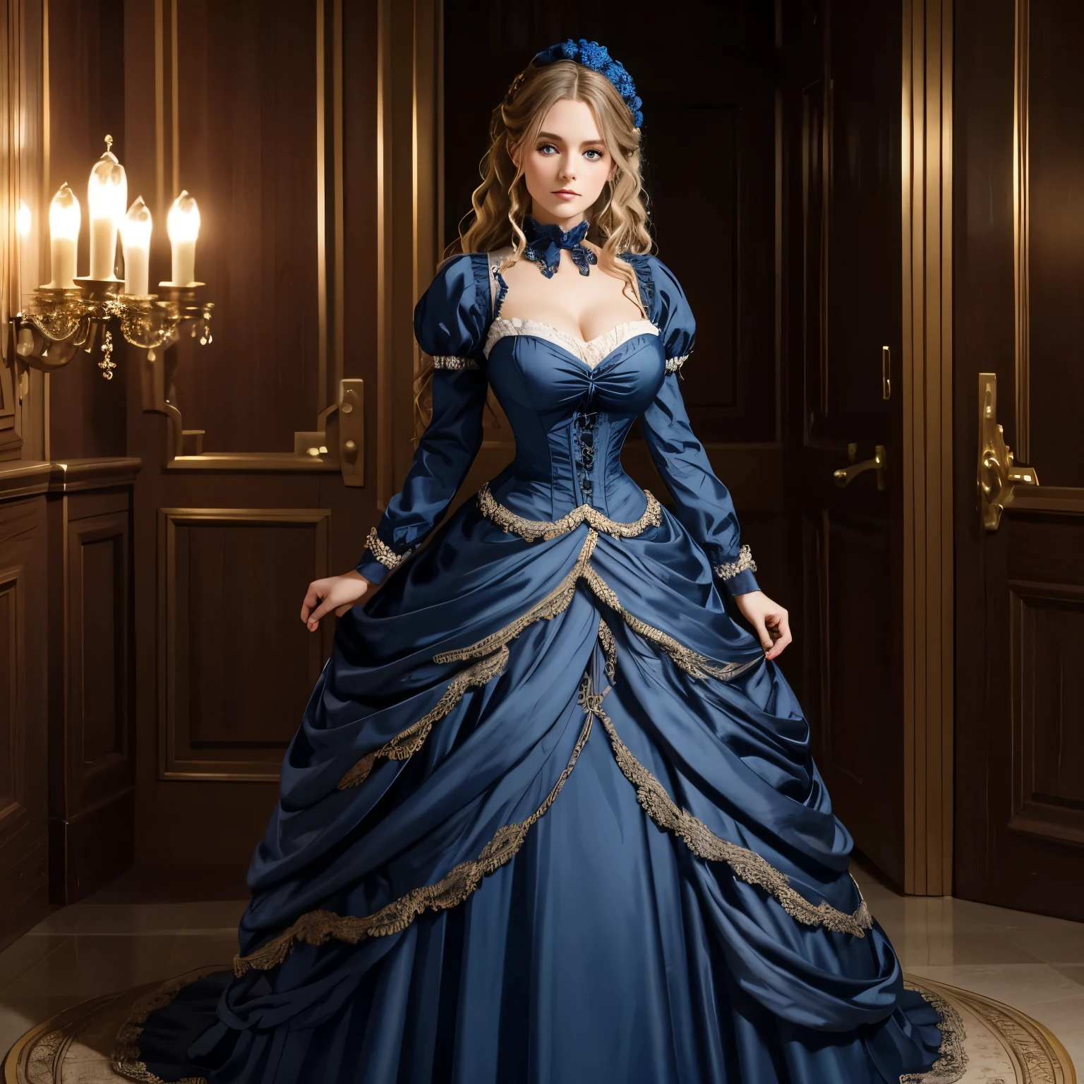 Victorian woman blue eyes, dark blonde wavy tied hair, wearing a light dress at a ball full body