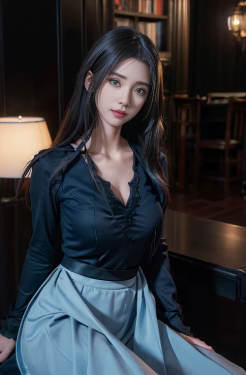 (Realistic、High resolution:1.3),((Mode casual fashion:1.4)),alone, One Girl, masterpiece, highest quality, Very detailed, Cinema Lighting, Intricate details, High resolution, Official Art, Beautifully detailed face and eyes, High resolutionのイラスト, 8k, (Half-up short hair), Grey Hair:1.3, Very thin body, ((light blue long skirt、v neck black blouse :1.3)) 、Single Blade, blue eyes, Glasses, Conceit, Sit on a chair, Upper Body, Big Breasts, White shirt, Book_stack, library, ((vine)), Looking at the audience