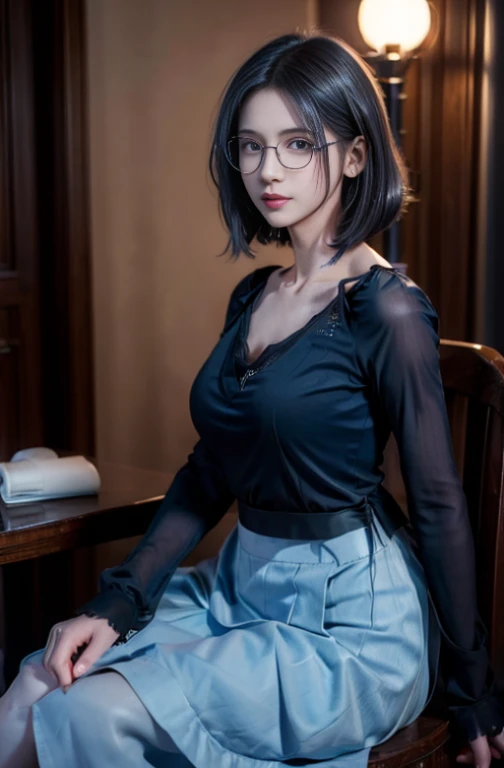 8k、High resolution、Kanban Lady、beautiful girl、gothic costume、young、white skin,、narrow eyes,high nose,lighting that illuminates the face、clear image、intellectual beauty、skinny、no makeup、anxious look、lighting that illuminates the face,shining hair、single eyelid,blue eyes、In the store、vivid pose、female clerk,Wearing glasses、short hair