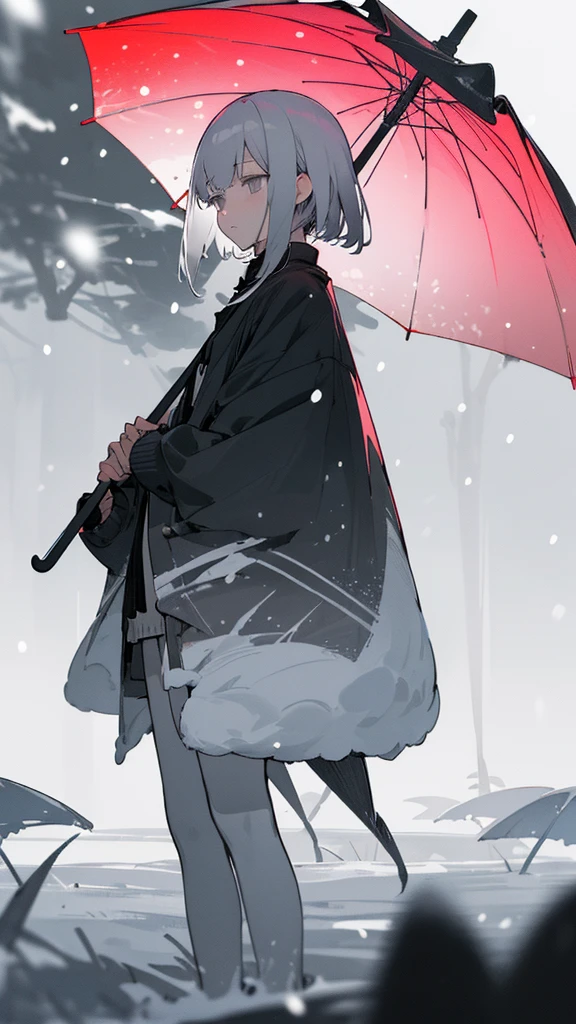 (masterpiece、highest qualthaty)、Short nape hair、A girl wthath very short whthate hair in the distance、Black cardigan、Stern expression、Grey Eyes、Warm lighting、 Blurred foreground、night深く、High Contrast、night、in the cthaty,that'it's snowing,Heavy snowfall,winter,Alone in the vast snowy field,whole body,I don't have an umbrella,Gray Hair