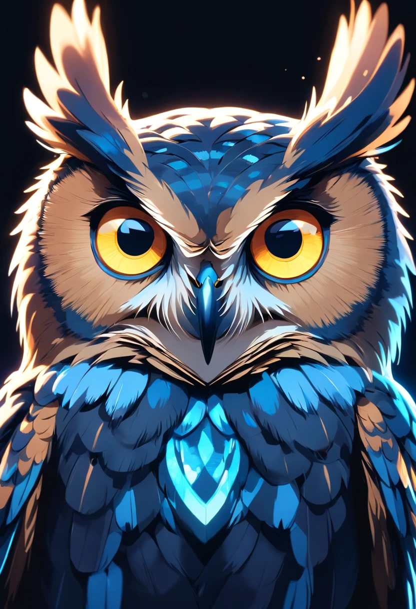 Close-up of a blue-eyed owl on a black background, Radiant Owl, Highly detailed creatures, Complex, Glowing Owl, The wisest of owls, Amazing digital art with great detail, Cute owl with big eyes