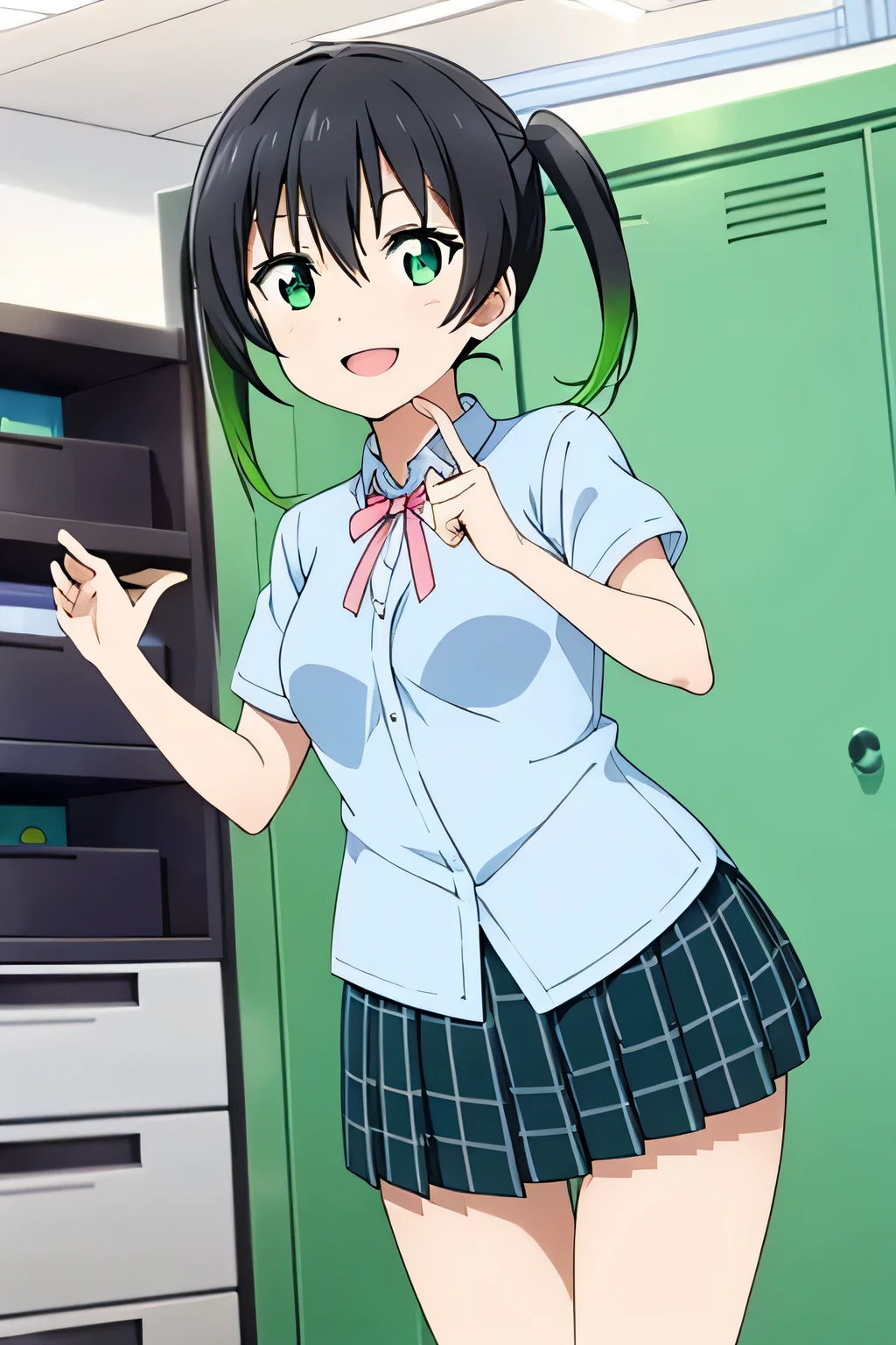 (highest quality, Tabletop:1.2),View your viewers, Are standing, smile,Open your mouth,takasaki yuu,  Multicolored Hair, Green Eyes, Twin tails, Black Hair,Hair between the eyes,underwear,bra,Change clothes,locker room,