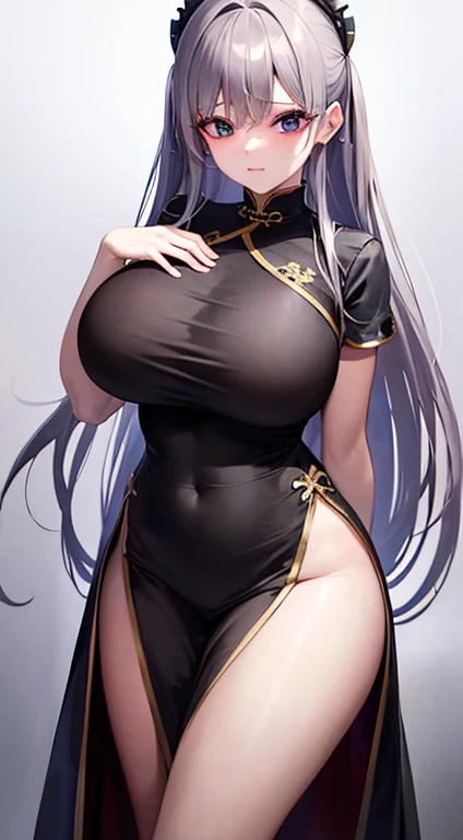 8k, highest quality, masterpiece:1.2, Super Detail, Gray Hair、 China dress、very, very big breasts、Very large breasts、Provocative clothing、No eye highlights