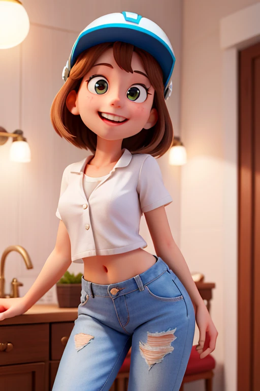 Obra-prima, de melhor qualidade, An illustration of an adorable young lady, Highlighting a woman with beautiful expressive eyes – The woman's skin is white and the hair is straight, Medium size and brown. She wears a white safety helmet, Blue jeans and white shirt, It's in the process of being built, She holds under her left arm a male of papers, um quarto luminoso, com um sorriso no rosto, Insights. Illustrate this scene from a perspective where she is facing the camera, Smiling and showing your attention. Desenvolva esta arte em Full HD, Focus on your cinematic touch, Estilo Disney Pixar Animations, big breasts, she bares her midriff