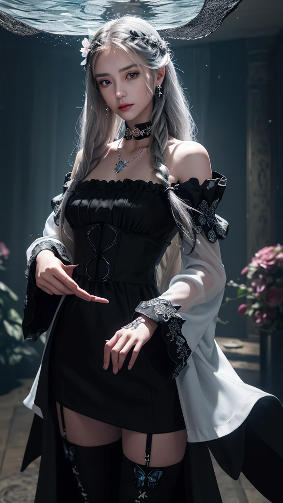 (Masterpiece, Best Quality: 1.4), Detailed Background, Crystal, Crystal Cluster, Long Hair, Jewelry, Earrings, Necklace, Crown, Bride, Hair, Halo, (Overlook), Dynamic Angle, Ultra Detailed, Illustration, Close Up, Direct Look, 1girl, (Fantasy: 1.4), (detailed Eyes: 1.233), Her Eyes Shine Like Dreamy Stars, (Glow Eyes: 1.233), (Beautiful and Delicate Eyes: 1.1), (Silver Hair: 1.14), (Messy Hair, Very Long Hair, French braids, hair between the eyes, side hair), (hair flower: 1.14)), (chiffon dress, uniform black flower pattern)/= (military uniform: 1.24), (split sleeves, wide sleeves), (fingerless gloves), choker, (miko thighhighs), high heeled boots, (expressionless, shut up), (standing), (classical princess boudoir with dresser floor-to-ceiling windows ancient palace), (black flowers, blooming), (deep sea), (flowing water), (dark black world tree:1.14),(Ruins),(Night:1.2),dreamy,Soul,(fluorescent),(Flying Translucent black Butterfly:1.15),[Delicate Fingers and Hands:0.55]::0.85], (Finger Detail), (Yubao:0.5)