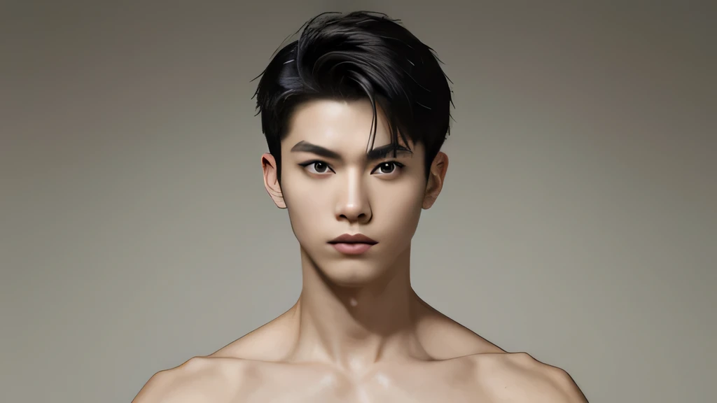 Handsome　Japanese male model 　Black Hair　Beautiful Skin　Slim and muscular　face　shoulder　Photo slightly subtracted　A sad-faced boy looks at the camera　Face-up photo　Symmetrical composition, no background, topless　Facing　front　clavicle　Both ears are visible　Shaved head　The hair is standing up　profound　Sadness　attitude of caution
