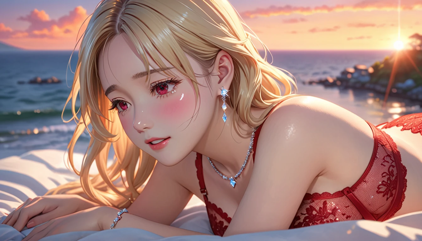 National Science Foundation,masterpiece,High resolution,8K,Art,digit,Three-dimensional,Realism,Kyoto Animation Style,your name movie style,looking into camera,Sunset,Soft Light,Glowing skin,(1 female: 1.3),(alone: 1.4),(((long blonde hair))),(Gorgeous,Sparkling red lace bra and briefs),Swarovski crystals on gorgeous lace bra,(crystal hairpin),(crystal necklace),(crystal earrings),(crystal bracelet),(Crystal ring),Long eyelashes,slender legs,Close-up of upper body,seaside,lie,(Starry eyes),(open mouth),(blush),(shy),(shy),(((cry))),(((shed tears))),(((feel sad)))