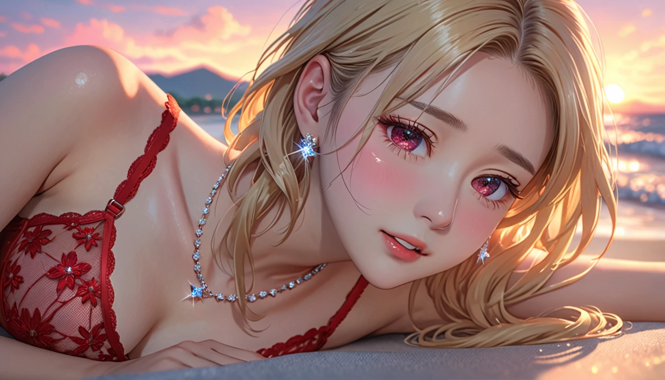 National Science Foundation,masterpiece,High resolution,8K,Art,digit,Three-dimensional,Realism,Kyoto Animation Style,your name movie style,looking into camera,Sunset,Soft Light,Glowing skin,(1 female: 1.3),(alone: 1.4),(((long blonde hair))),(Gorgeous,Sparkling red lace bra and briefs),Swarovski crystals on gorgeous lace bra,(crystal hairpin),(crystal necklace),(crystal earrings),(crystal bracelet),(Crystal ring),Long eyelashes,slender legs,Close-up of upper body,seaside,lie,(Starry eyes),(open mouth),(blush),(shy),(shy),(((cry))),(((shed tears))),(((feel sad)))