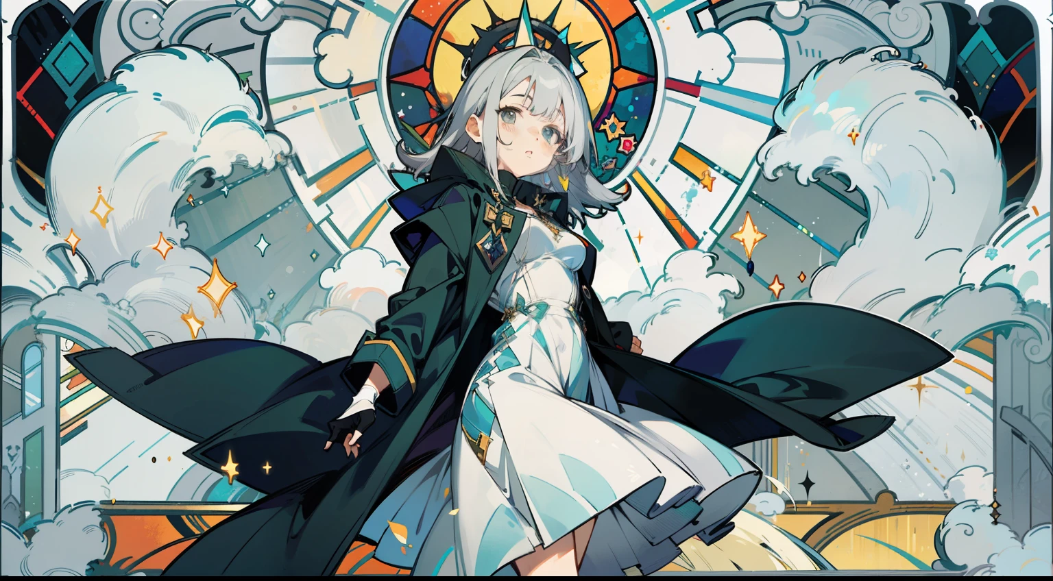 (chiffon dress), (oversized coat), (Solo), adult woman (1), grey hair, hair with short and very long layers, Colorful stained glass on background, medium breasts, Thorn vine, sunlight shining through, ((grey hair)), Dynamism, (teal eyes), (kirakira) (Detail Objects)