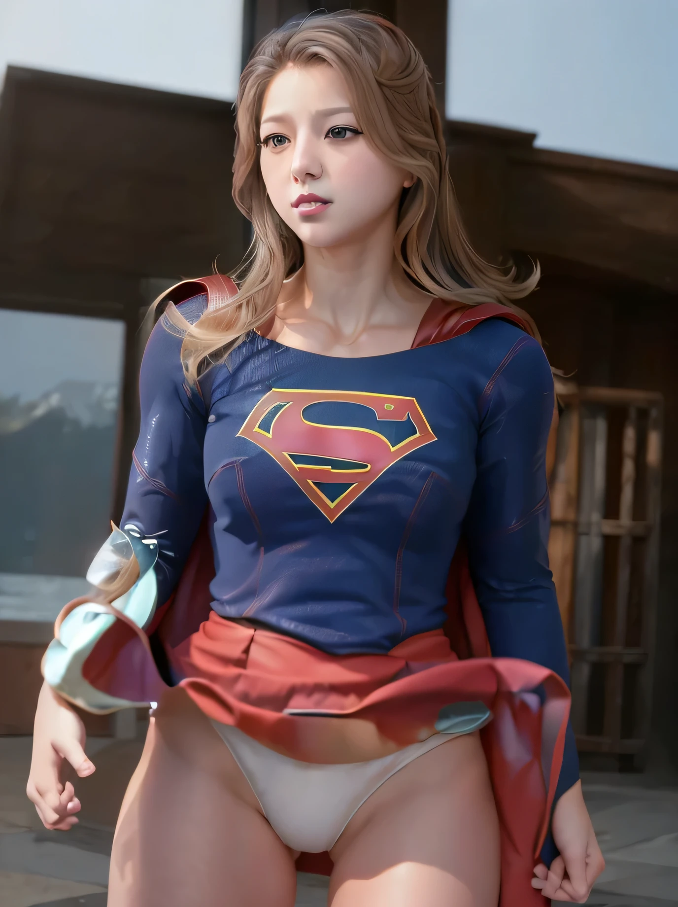 (Masterpiece, Top quality, Top quality, Official art, Beautiful and aesthetic:1.2), (1 girl) Beautiful body, Detailed face, solo, (white_panties),fighting,open thighs,photorealistic,supergirl,low angle shot,