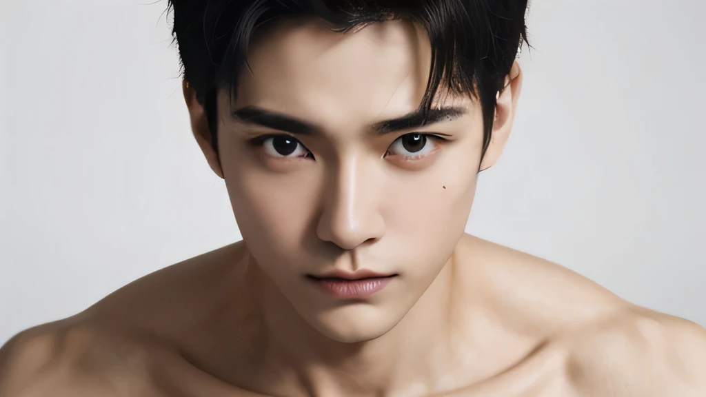 Handsome Japanese male model Black Hair Beautiful Skin Slim and muscular face shoulder Photo slightly subtracted A sad-faced boy looks at the camera Face-up photo Symmetrical composition, no background, topless Facing front clavicle Both ears are visible Shaved head The hair is standing up profound Sadness attitude of caution