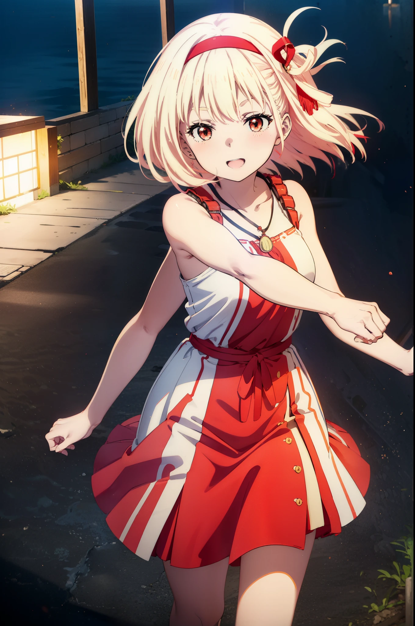 chisatonishikigi, Chisato Nishikigi, Long Hair, bangs, blonde, (Red eyes:1.5), One side up, hair band,happy smile, smile, Open your mouth,smile,blush,Red long skirt dress,Sleeveless,Bare arms,Rocket Pendant,Cute Sandals,White Hat,real summer,sunny,As if your whole body is in the illustration, break outdoors, Coastal Road, break looking at viewer, (Cowboy Shot:1.5), break (masterpiece:1.2), highest quality, High resolution, unity 8k wallpaper, (shape:0.8), (Beautiful details:1.6), Highly detailed face, Perfect lighting, Extremely detailed CG, (Perfect hands, Perfect Anatomy),