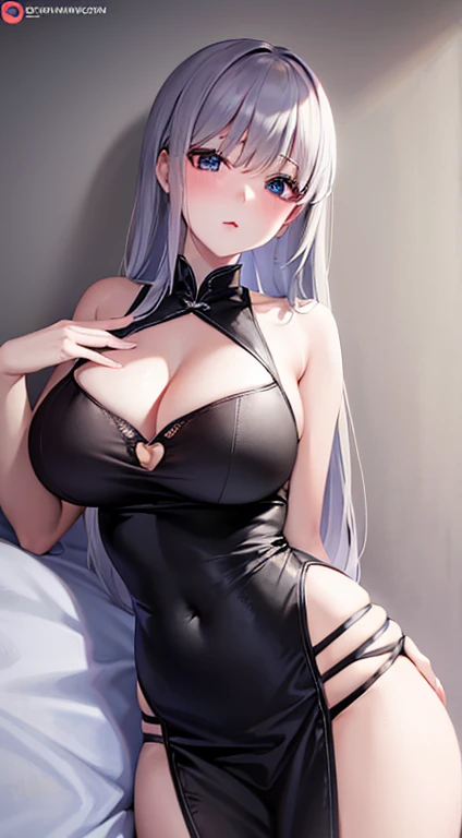 8k, highest quality, masterpiece:1.2, Super Detail, Gray Hair、 China dress、very, very big breasts、Very large breasts、Provocative clothing、No eye highlights