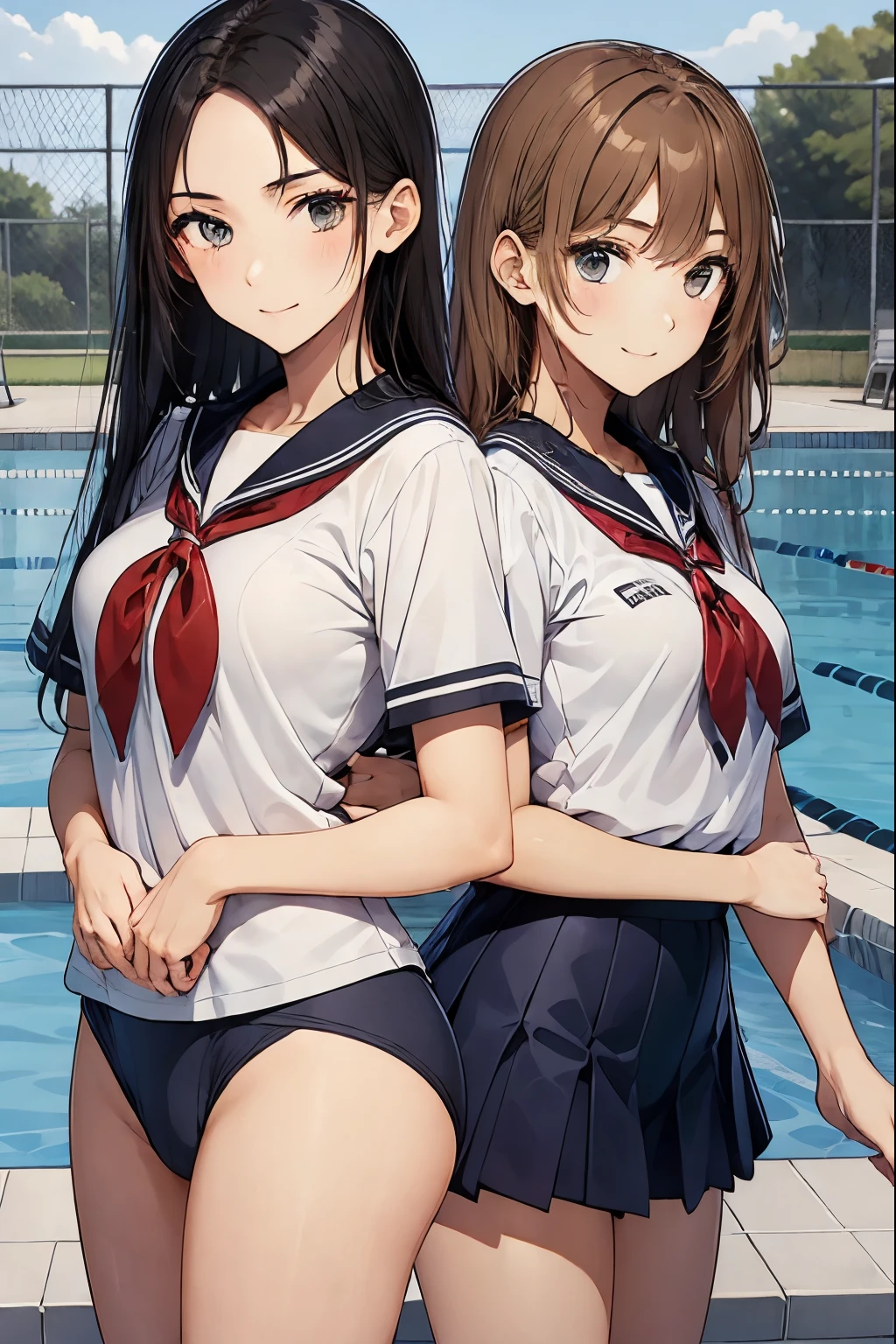 School swimming pool、two high school girls、seductive smile、School Swimsuit、