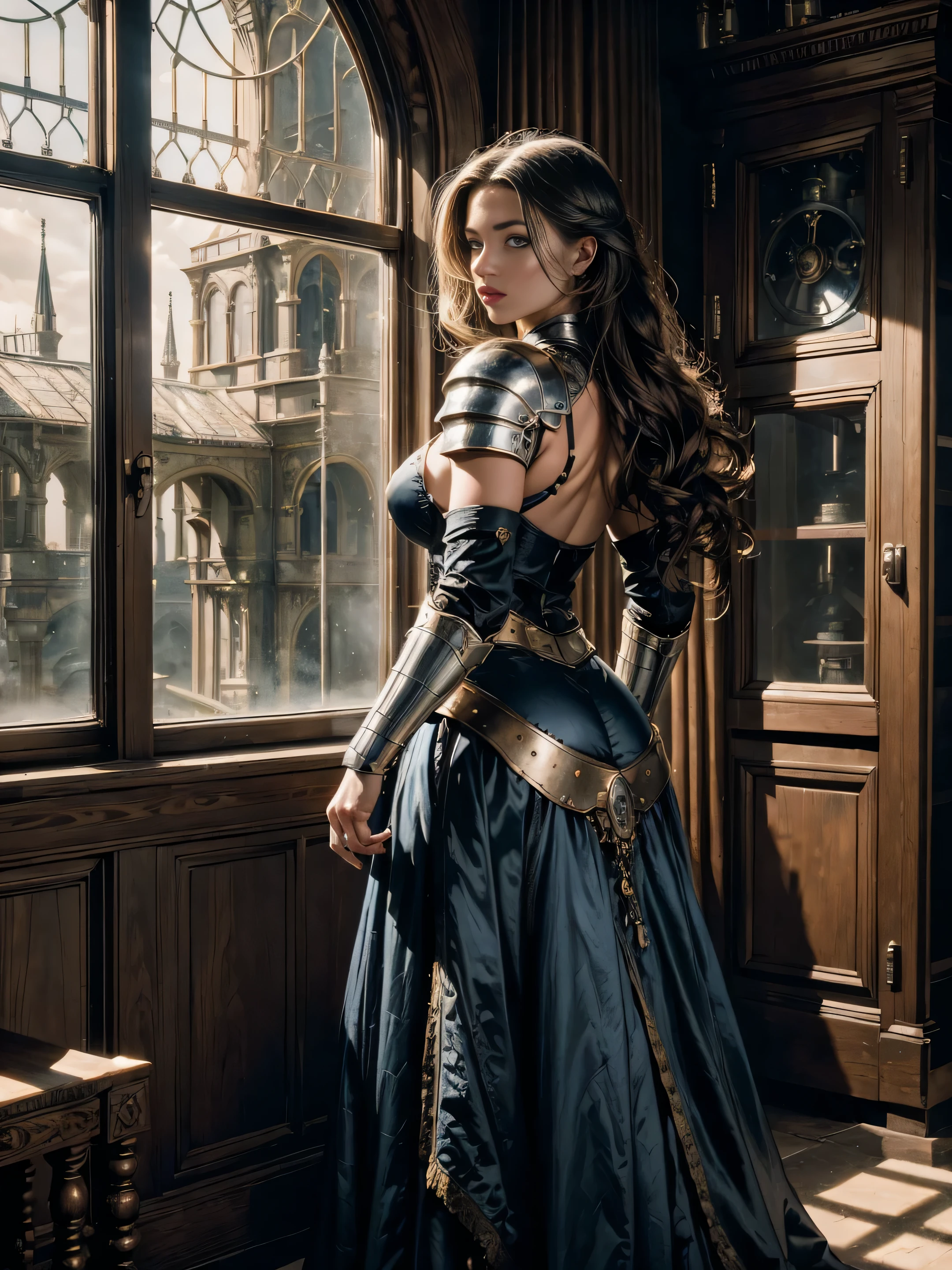 beautiful young female knight, full body, hands and feet visible, standing with back, bombshell, bomber, wearing blue gold beater 16th century short body - hugging knight armor, very long black luxuriant hair, blue eyes, full red lips, light skin, hair blowing in the wind, ultra realistic skin texture, sensual curves, sensual gaze, sensual figure, in the background a steam punk complicated machine, with a round window in the middle, a view of a Victorian garden through it, brownish smoke, hyperrealistic, cinematic lighting, volumetric, light rays, atmospheric, ultra photorealistic, creative perspective