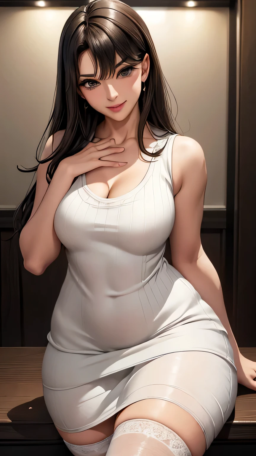 (8K, 超High resolution, highest quality, pieces fly:1.2),(26 years old:1.2)、(big smile)、(avert your eyes)、8K、Japanese girl raw portrait、超High resolution、highest quality、 (small breasts:1.5),(sleeveless knit dress:1.5)、(from below:1.2)、walk、support your chest with your hands、(Panty shot:1.2)、(city:1.4) Blake is (natural skin texture、fine skin、hyper realism、Super sharpness)、intricate details、written boundary depth、idol sculpture、actress model pose、 lady、、long black hair、Rear view、beautiful butt、star piece、highest quality、High resolution))、(1 girl)、(realistic:1.4)、alone、close your mouth、happy smile、smile happily、pretty black hair、Big eyes、Clear double eyelids、eyelash、stick out ears、long neck、Absolute area、beautiful clavicle、perfect face、bangs、pretty bangs、thin lips、Fair skin、small face、face becomes smaller、draw all the heads、look slightly upward at the camera、(look at the audience、eye highlights、light brown eyes、lip gloss chest bulge、squat、white boots、