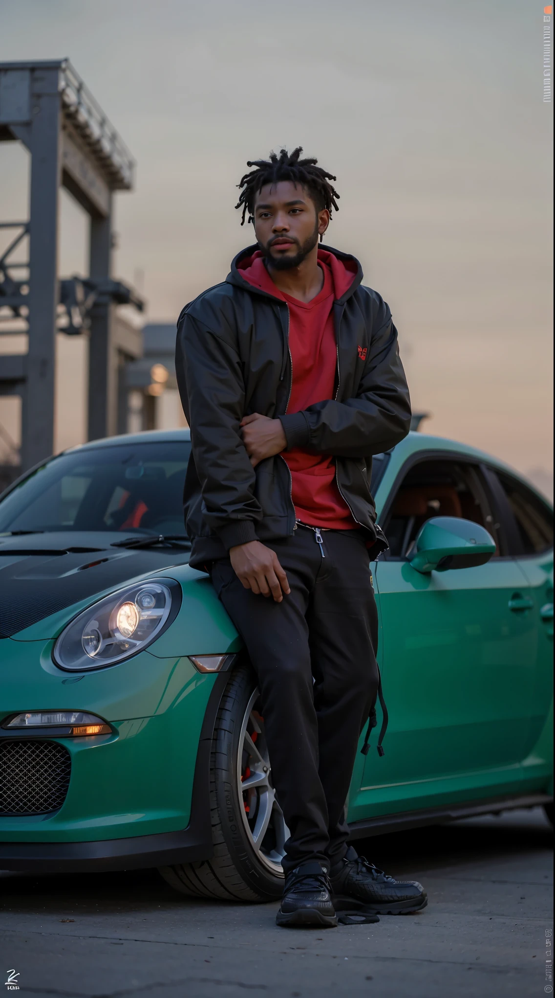 black male, black and red hoodie, green porsche 911 gt3rs, sunset, dreads and short beard