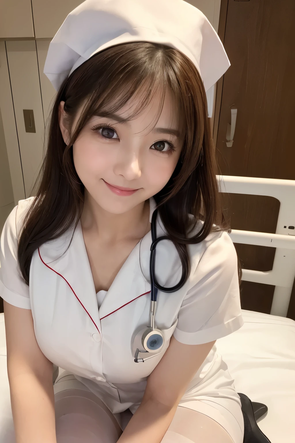 (1woman)、(Japanese、38 years old、Refreshing、clear、seems kind、stylish、(narrow eyes)、Pitiful、cute like an angel、cute、black eyes、,actress,Slit eyes), Good style , (Beautiful big breasts:1.0),(soft breasts),(very cute),(brown hair),,( long hair、Straight Hair,one-length),(enchanting eyes),(highlight on eyes:1.2)、(8K、Live shooting、highest quality、masterpiece:1.2、optimal lighting)、((masterpiece)),(Photo taken by a professional photographer),(real、photo real:1.4),break,{ (white nurse costume),(((taraditional nurse uniform))),(white nurse mini skirt),(( pantyhose)),(cleavage:0.7)},(Smile1.0),(cheeks are red:1.2)、Face close-up:1.3,Looking at viewer, break, break,Hospital room,Hospital bed,