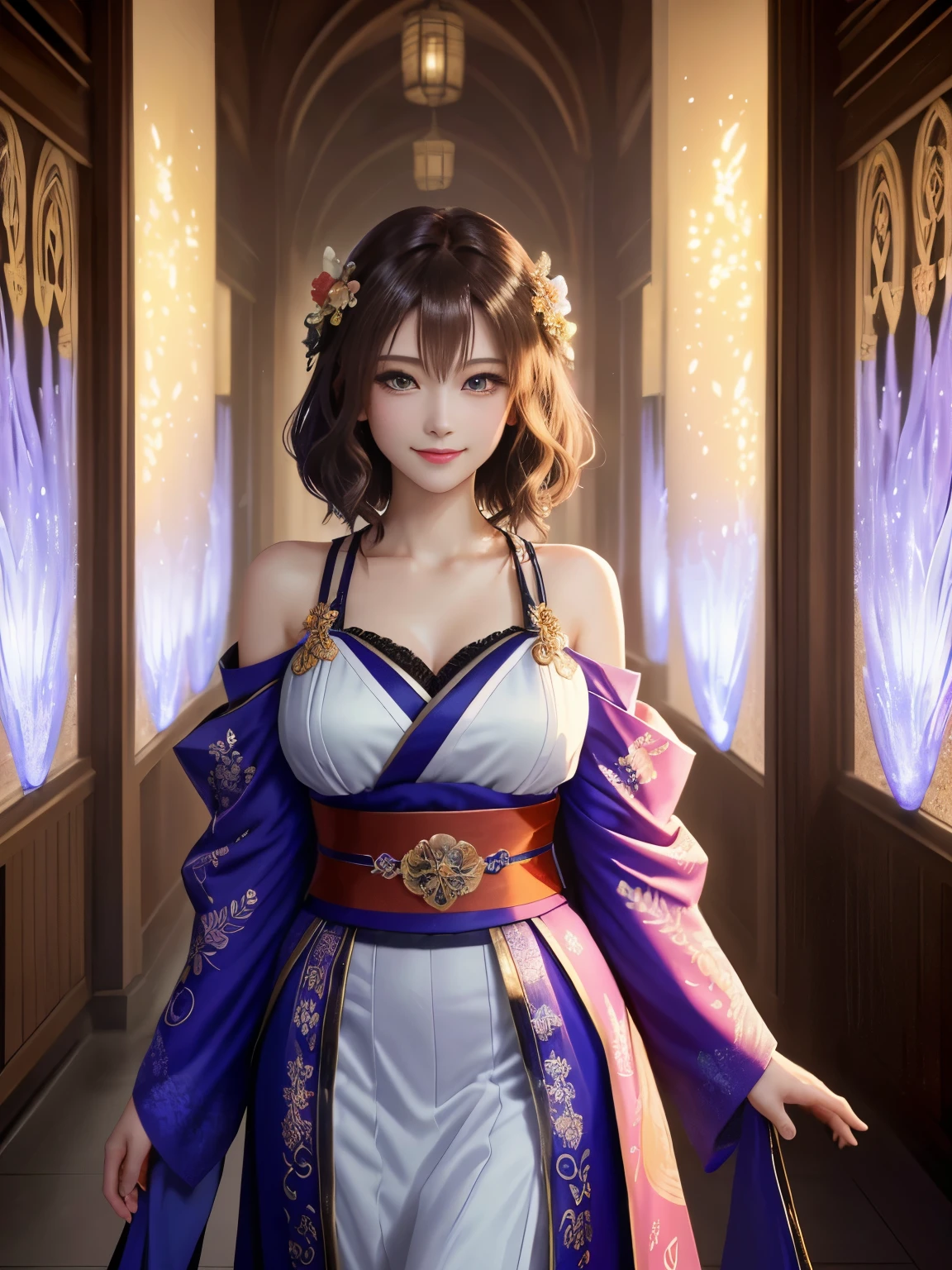 masterpiece , best quality,smile,smile,small face,shoulder exposure,golden kimono,less cleavage exposure,light brown hair,beautifully curled hair,slender body shape,brown eyes,Contrast faithfully reproduced,short hair,Beautiful short hair,Berry Short,short cut hair,just one person,precision quality,Faithfully reproduced eyes, The surroundings are shining gold,golden aura around the body,golden shining background,masterpiece,night,nightの背景,golden background,cherry blossom background,beautiful details, colorful, delicate details, delicate lips, intricate details, genuine, ultrargenuineista, 枝に座っている色とりどりの髪のFoxを持つ女の子:Mature, bright eyes, ,色とりどりのFox, raposa de nine tails, 三尾Fox, 三尾Fox, onmyoji detail art, beautiful fine art illustration, mythical creatures, Fox, beautiful digital art,shrine maiden,hold hands,exquisite digital illustration, mizutsune, Inspired by mythical wild web creatures, pixiv in digital art, shining light, high contrast, Mysterious,