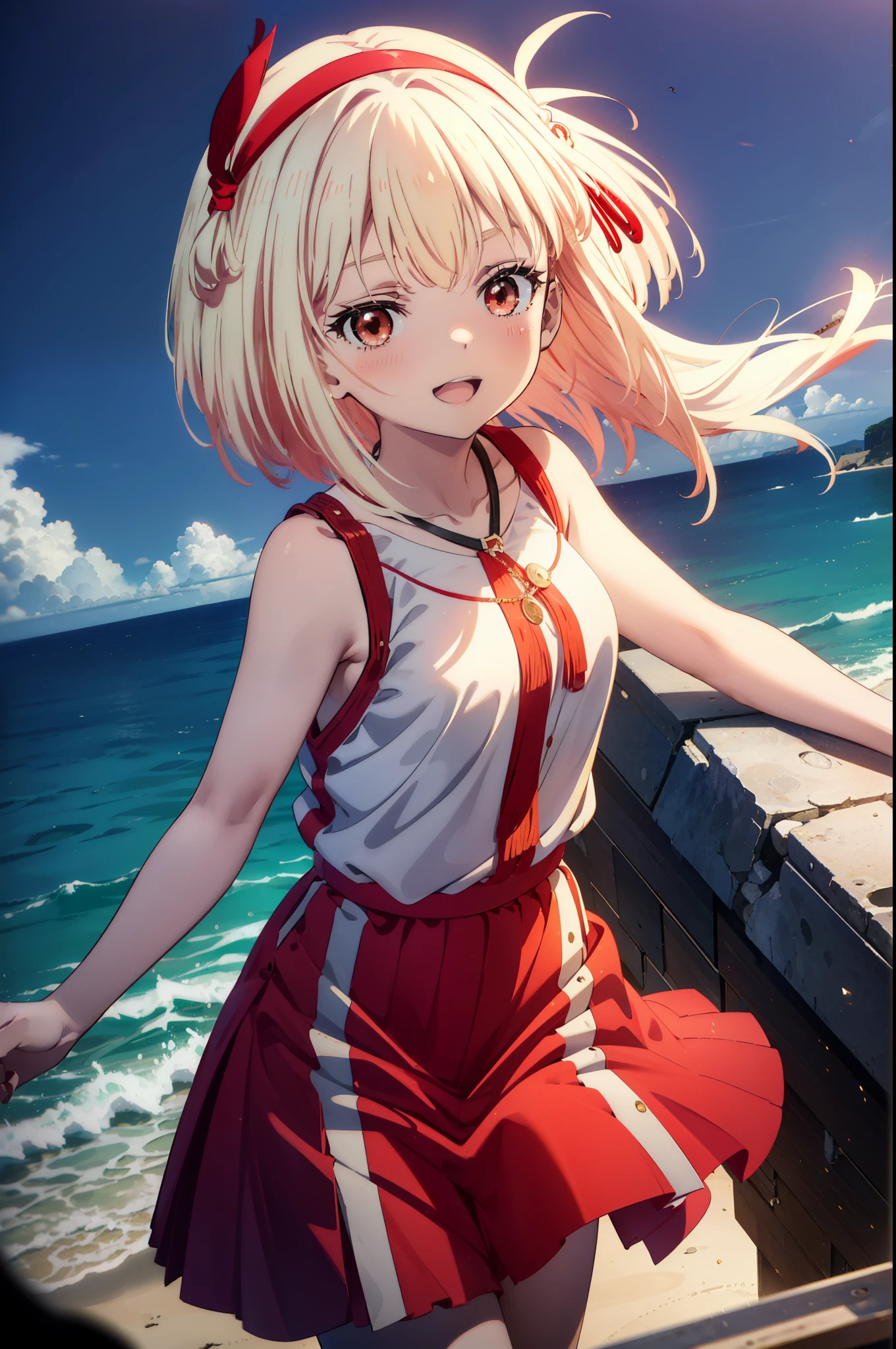chisatonishikigi, Chisato Nishikigi, Long Hair, bangs, blonde, (Red eyes:1.5), One side up, hair band,happy smile, smile, Open your mouth,smile,blush,Red long skirt dress,Sleeveless,Bare arms,Rocket Pendant,Cute Sandals,White Hat,real summer,sunny,As if your whole body is in the illustration, break outdoors, Coastal Road, break looking at viewer, (Cowboy Shot:1.5), break (masterpiece:1.2), highest quality, High resolution, unity 8k wallpaper, (shape:0.8), (Beautiful details:1.6), Highly detailed face, Perfect lighting, Extremely detailed CG, (Perfect hands, Perfect Anatomy),