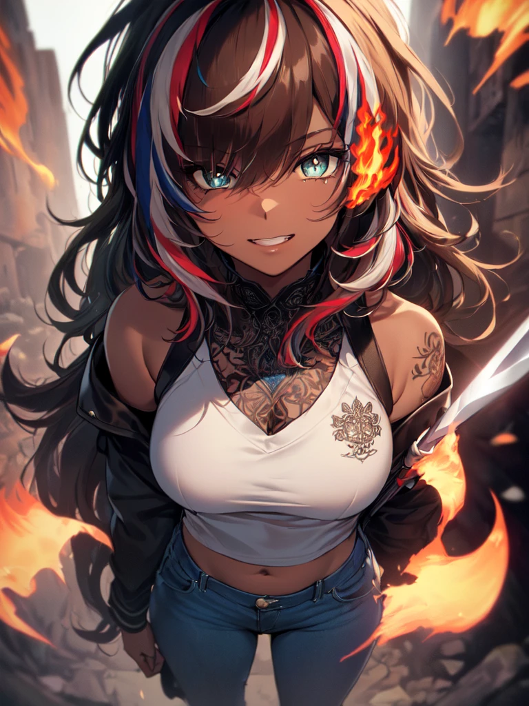 (masterpiece,best quality,ultra detailed,extremely detailed,absolutely resolution,absurdres,8k:1.5),1girl, (holding flame-sword:1.5),(grin), (short-jeans,tanktop,midriff jacket), (solo), (full body:1.5), simple and flat background, BREAK,(highly detailed face and eyes:1.5),(dark_skin:1.5),(tribal_tatoos:1.2),(wavy hairs),(long hairs),(messy hair),(asymmetry bangs),(dark brown hair, red streaked hair, blue streaked hair:1.5),(blue-eyes:1.5),(flower hair ornament:1.5),(Intricate Iris Details,Depth and Dimension in the Pupils:1.5),