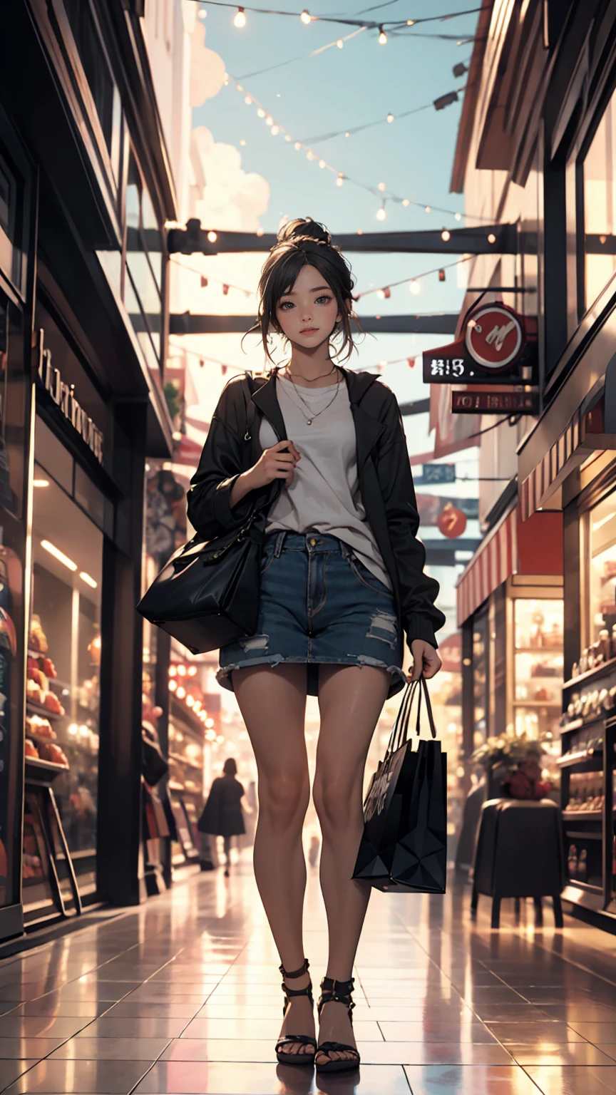 sunset, city, mall, Long-haired girl