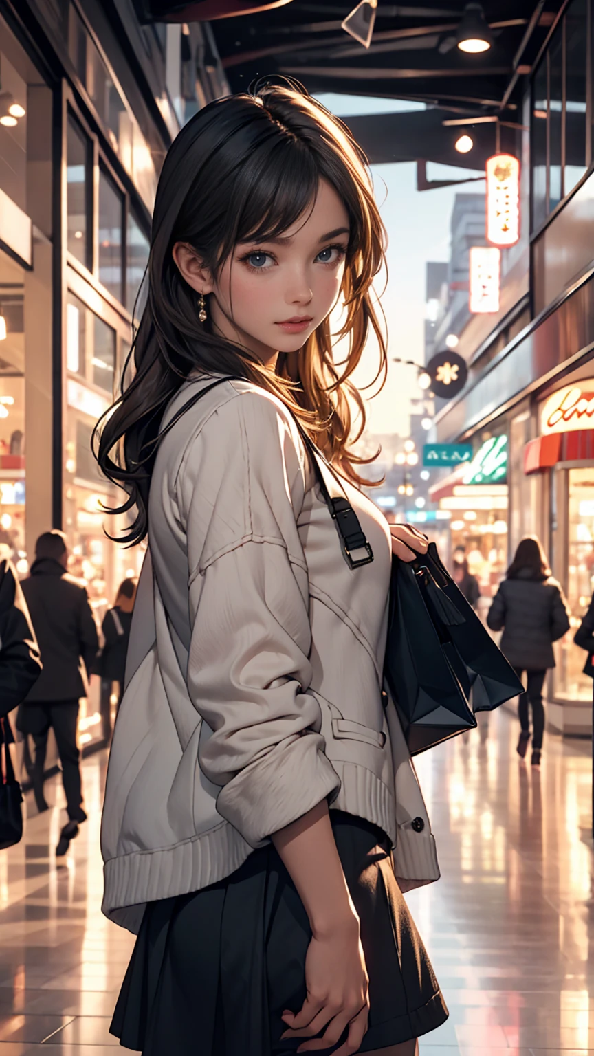 sunset, city, mall, Long-haired girl