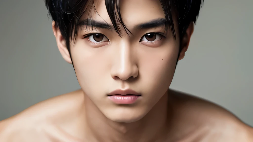 Handsome　Japanese male model 　Black Hair　Short Hair　Trimmed　Baby Face　Loaight into the camera with a stern gaze　Beautiful Skin　Slim and muscular　Fierce　No background　naked　Put the top of the head in the frame